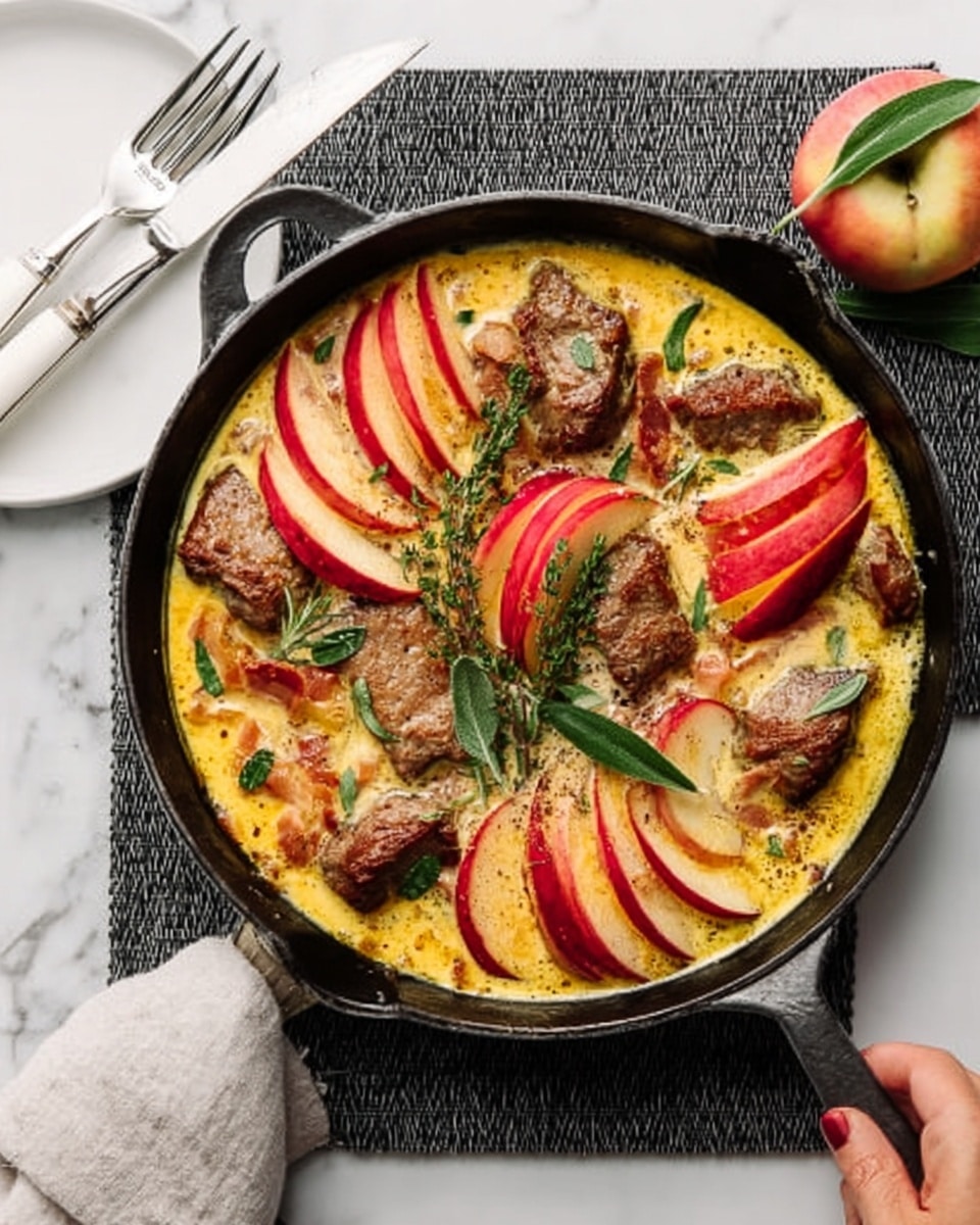 A skillet filled with a creamy yellow sauce as the base layer, topped with browned meat pieces and slices of red-skinned apple scattered throughout, all garnished with fresh green herb leaves. The skillet is placed on a dark square mat on a white marbled surface. To the top left, there is a white fork and a white-handled knife beside the skillet, with a woman's hand reaching towards the food. Photo taken with an iphone --ar 4:5 --v 7