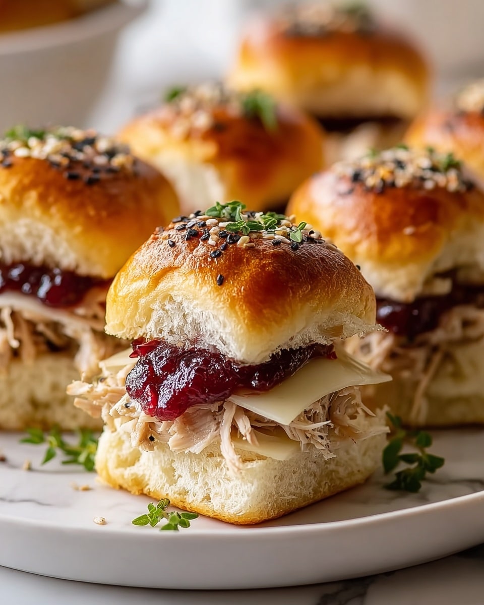 The image shows a close-up of four small sandwiches on a white plate, each made with a glossy golden-brown bun topped with poppy seeds and fresh green herbs. Each sandwich has three visible layers: a bottom bun that is soft and light-colored, a middle layer of shredded white turkey meat, a layer of melted pale yellow cheese, and a thick spread of deep red cranberry sauce above the meat. The top bun covers the fillings, with some green herb sprigs on top, and small bits of herbs are scattered on the plate around the sandwiches. The background has a soft focus, and the surface is a white marbled texture. photo taken with an iphone --ar 4:5 --v 7