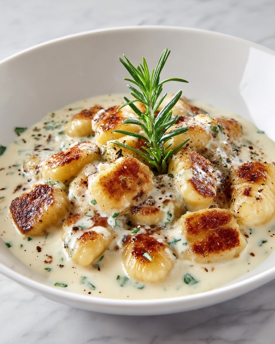 A white bowl holds a dish of gnocchi with about two layers of plump, golden-brown gnocchi pieces covered in a creamy white sauce speckled with finely chopped green herbs. The gnocchi are pan-seared with brown crisp marks on top, giving them a textured and slightly crispy look. The sauce is smooth and thick, pooling around the gnocchi, with small bits of seasoning visible throughout. On top of the gnocchi, a small fresh green sprig of rosemary is placed upright for decoration. The bowl sits on a white marbled surface. Photo taken with an iphone --ar 4:5 --v 7