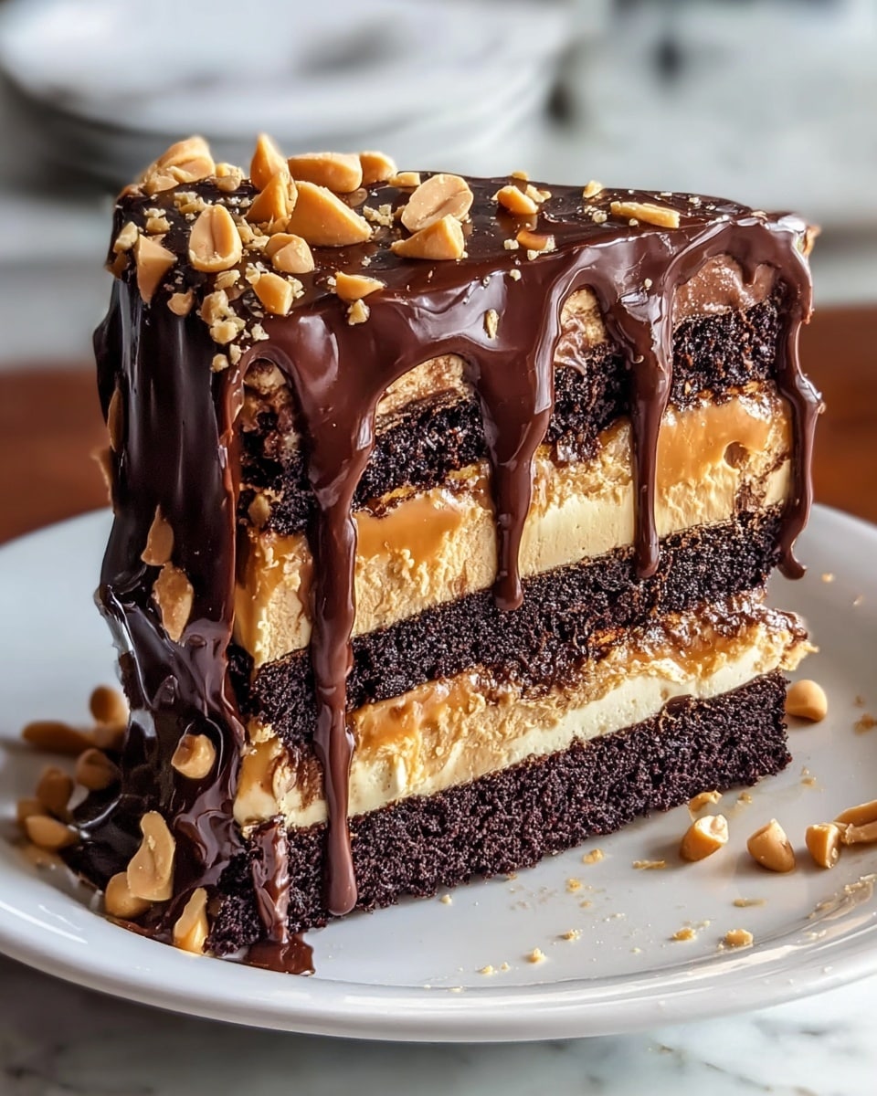 A thick slice of layered chocolate and peanut butter cake sits on a white plate with a few peanut pieces around it. The cake has five main layers: the bottom is a dark, moist chocolate base, followed by a creamy light peanut butter layer, then a thick dark chocolate cake layer, another peanut butter layer, and finally a top layer of lighter chocolate. The whole slice is covered in rich, glossy dark chocolate ganache that drips down the sides in thick streams. Small peanut pieces are scattered on top of the cake along with the ganache, adding texture and color contrast. The background features a soft white marbled texture. photo taken with an iphone --ar 4:5 --v 7