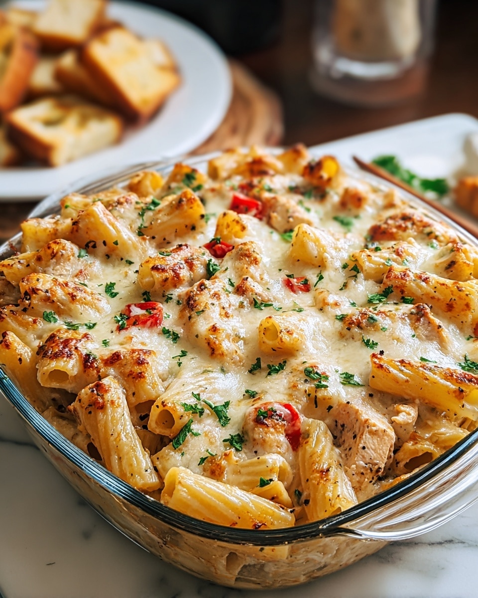 The dish shows a close-up of rigatoni pasta mixed with small pieces of tomato and topped with several pieces of seasoned, grilled chicken breast that have a lightly crispy, peppered surface. The pasta is light beige with a smooth texture, while the chicken is golden brown with visible grill marks. Small green herb leaves are scattered on top, adding a touch of color. All the food is served in a deep white bowl placed on a white marbled surface. photo taken with an iphone --ar 4:5 --v 7