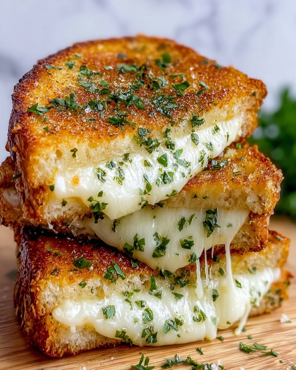 A close-up of a stacked grilled cheese sandwich cut into three thick pieces, each showing a golden brown crust with crispy texture and specks of green herbs on top. Between the toasted bread layers, white and slightly yellow melted cheese oozes out, with bits of green herbs mixed in. The sandwich sits on a wooden board with a white marbled texture background and a whole garlic bulb visible in the back. The colors focus on warm browns and creamy cheese with bright green herb highlights. photo taken with an iphone --ar 4:5 --v 7