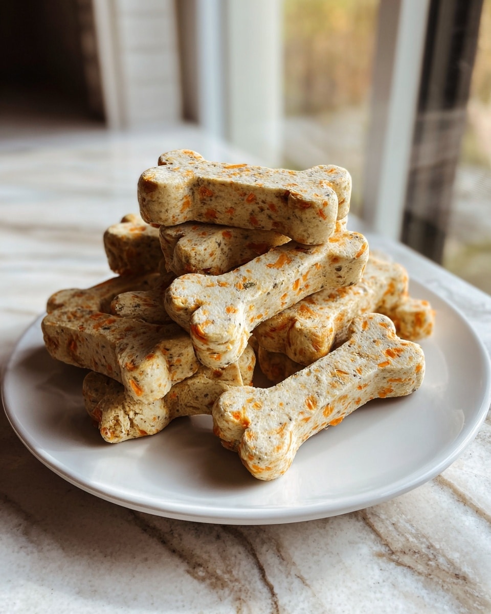 A pile of bone-shaped dog treats sits on a white plate placed on a white marbled surface. The treats are thick with visible bits of orange carrot and small seeds scattered throughout each piece. Their color is a mix of warm beige and bright orange flecks, giving a textured, slightly crumbly look. The treats are stacked unevenly, with some laying flat and others leaning against each other, showing their rough edges and homemade appearance. The soft natural light highlights the rough texture and carrot bits on the top and sides. photo taken with an iphone --ar 4:5 --v 7