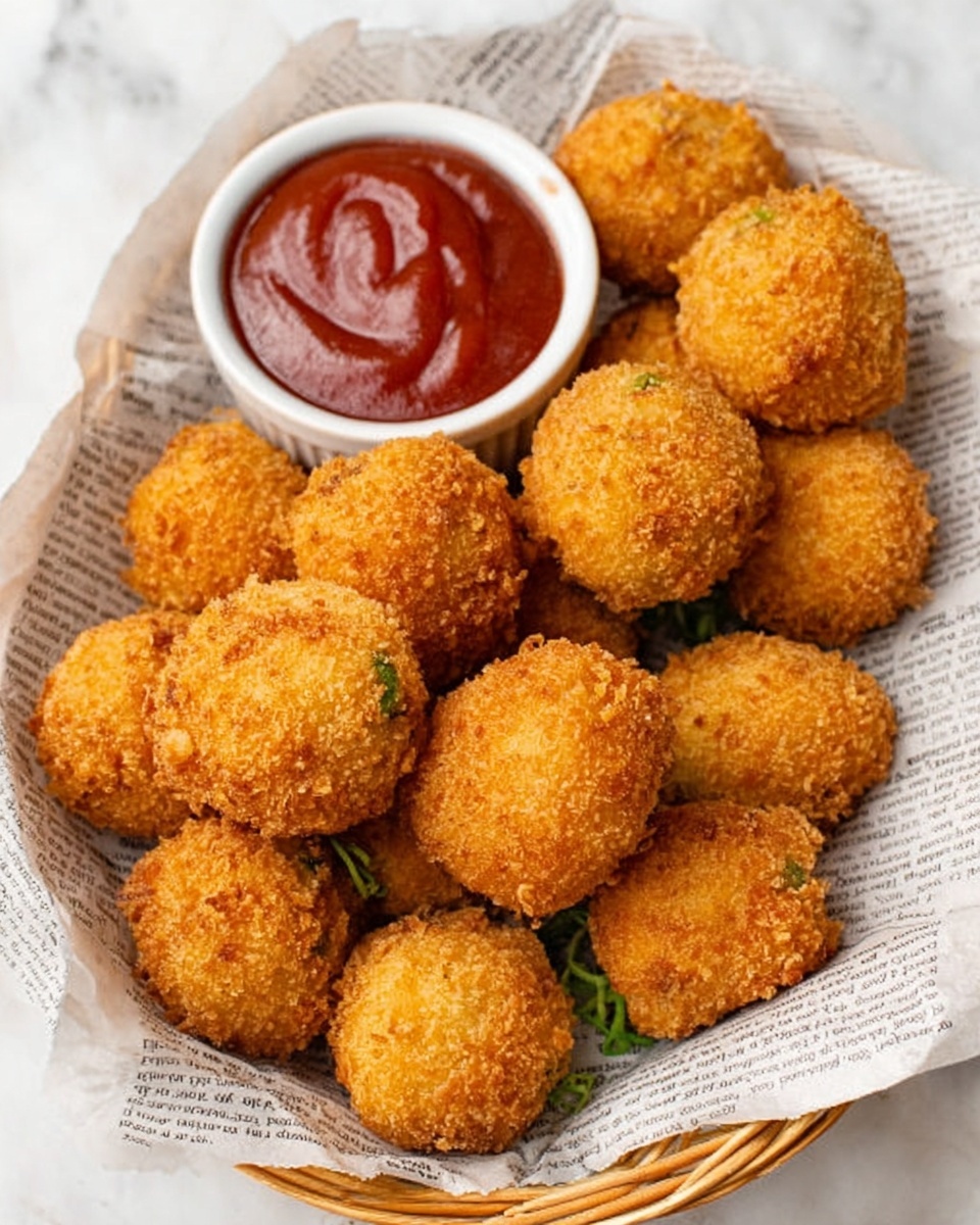 The image shows a basket lined with white paper that looks like newspaper, filled with about a dozen golden brown, round and crispy fried balls. They have a crunchy texture with small green specks inside them. In the basket, near the top center, there is a small white bowl filled with thick red ketchup. The basket sits on a white marbled surface. The scene looks bright and the colors are warm and inviting. photo taken with an iphone --ar 4:5 --v 7