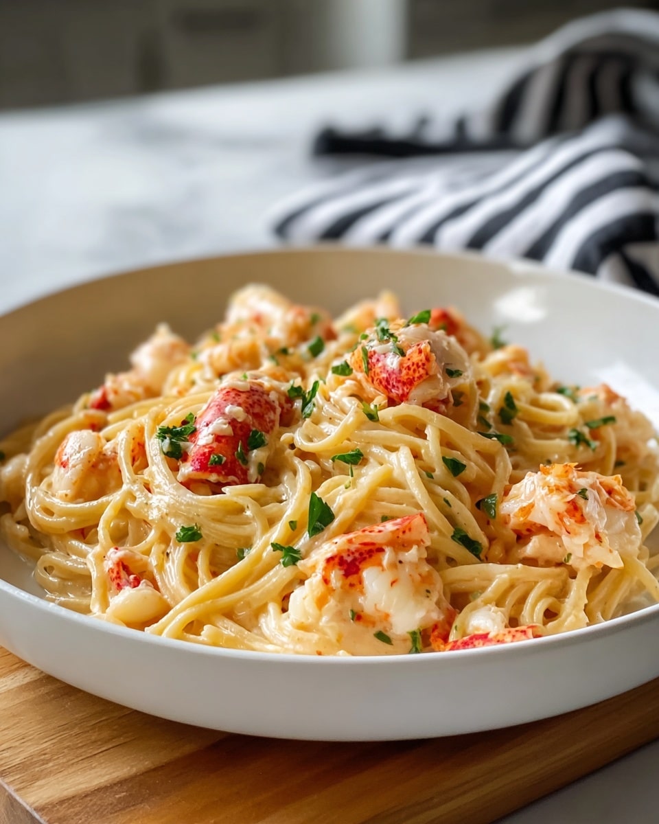 A white shallow bowl filled with creamy pasta featuring thin spaghetti noodles coated in a light beige sauce, with chunks of bright orange and white lobster meat mixed evenly throughout. Small sprinkles of chopped green herbs are spread on top, adding fresh color contrast. The dish is placed on a wooden board, with a blurred white marbled surface and a black and white striped cloth in the background. photo taken with an iphone --ar 4:5 --v 7
