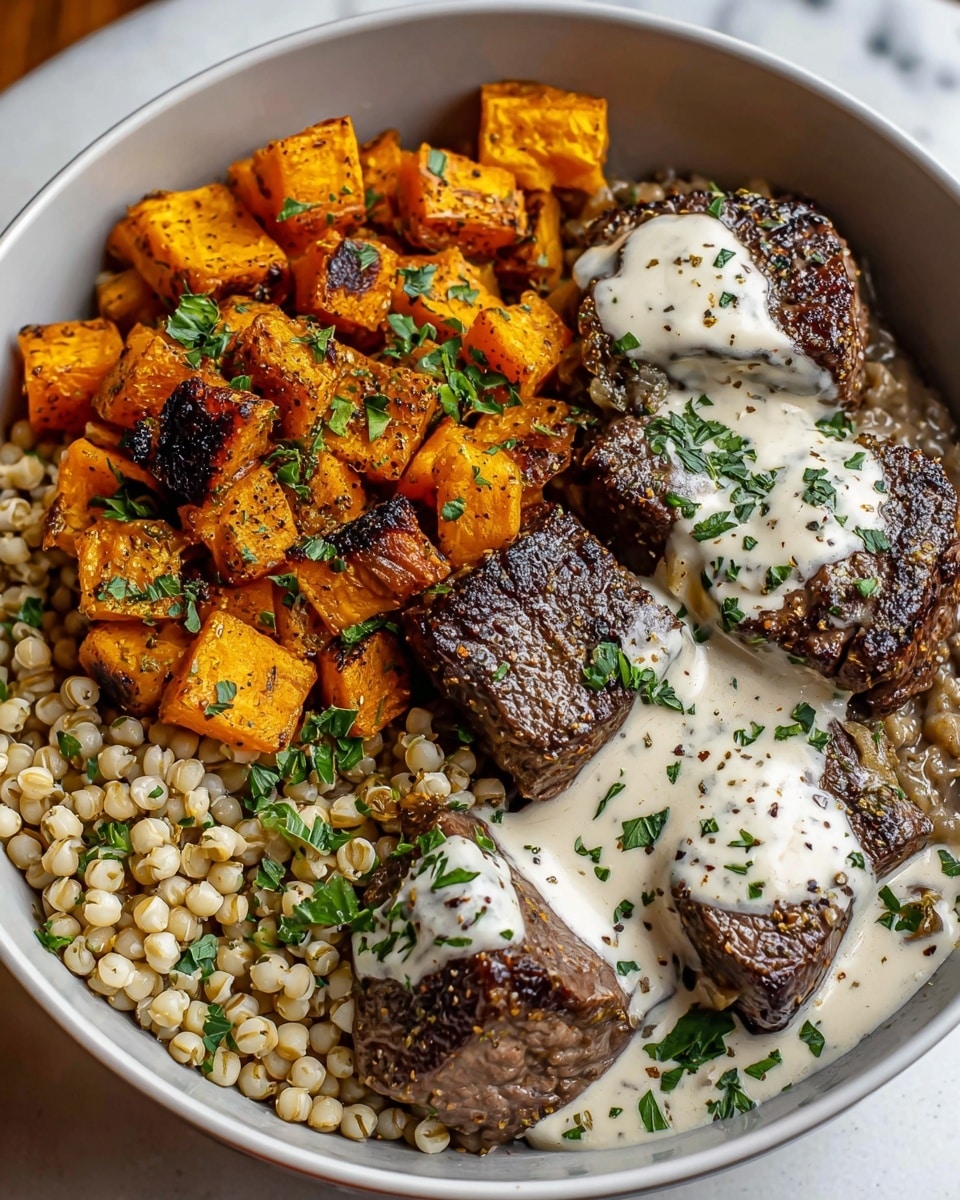 A white bowl filled with three main layers: at the bottom, there is a layer of small, light beige grains with some green herbs mixed in; on one side, a pile of bright orange roasted cubes with dark char marks and a sprinkling of green herbs; on the other side, several browned, thick cubes of meat covered with a creamy white sauce that has flecks of black pepper and finely chopped green herbs scattered on top. The bowl is set on a white marbled surface. Photo taken with an iphone --ar 4:5 --v 7