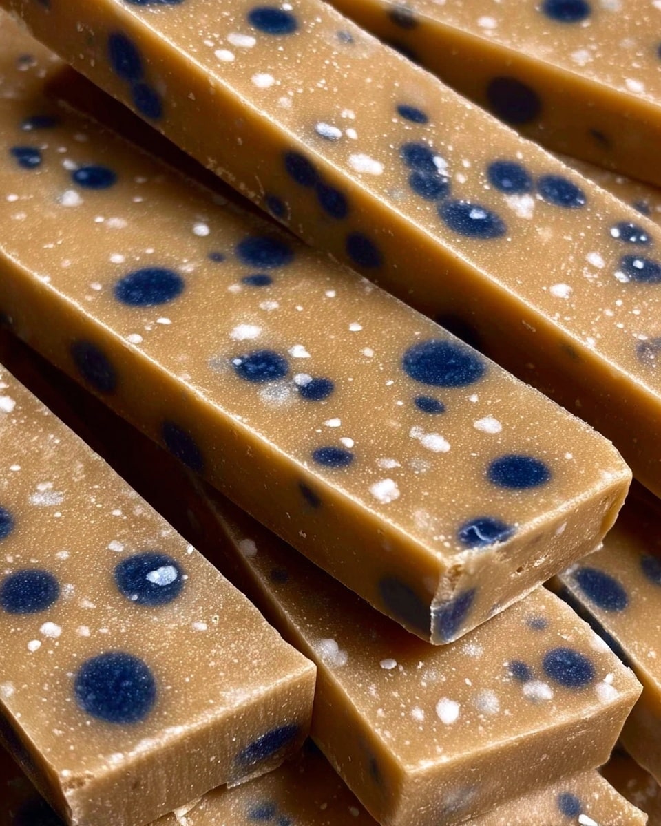 A close-up view of many rectangular beige bars with a smooth texture, each bar embedded with multiple dark purple spots that resemble blueberries inside. The bars are stacked carefully on a white plate, which also contains some whole fresh blueberries scattered around the bars. The whole setting is placed on a white marbled surface, highlighting the soft, creamy color of the bars and the deep blue of the blueberries. photo taken with an iphone --ar 4:5 --v 7