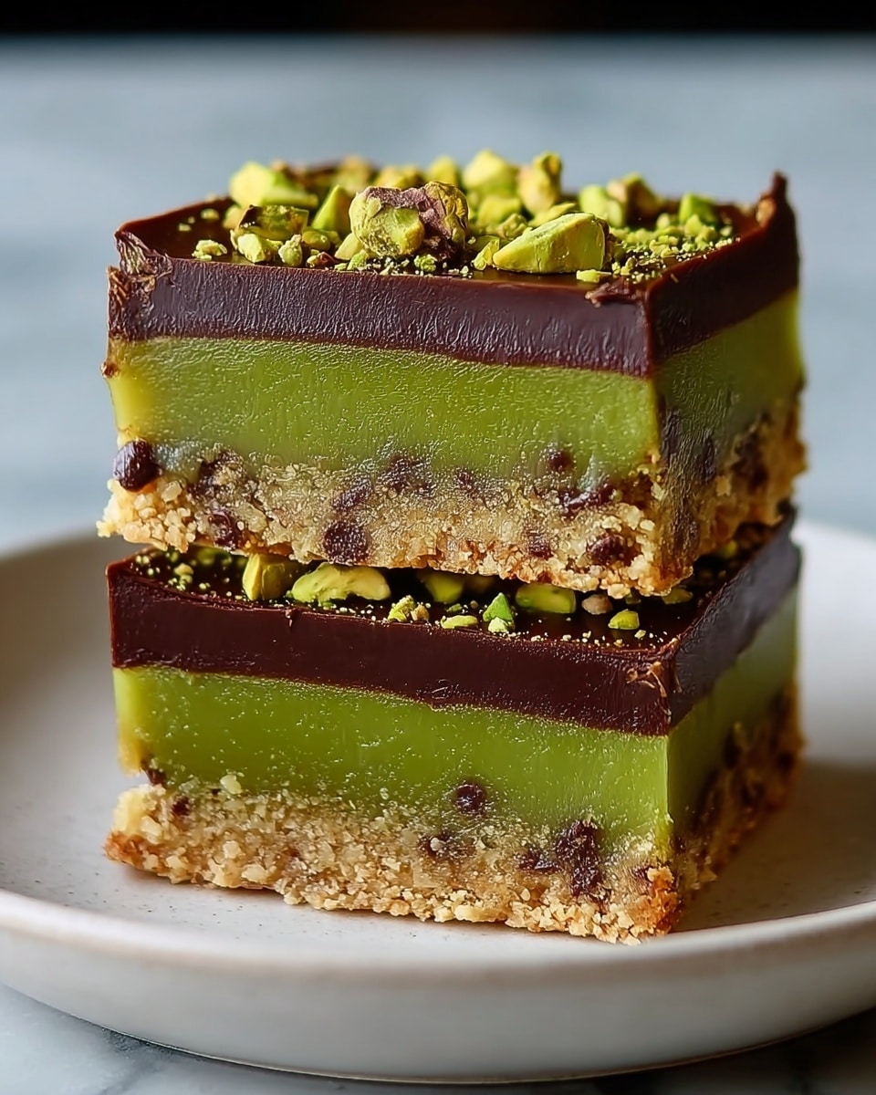 Two square dessert bars stacked on each other sit on a white plate over a white marbled texture. Each bar has three layers: the bottom layer is a crumbly, light brown crust with small chocolate chips; the middle layer is a smooth, bright green pistachio filling with pistachio pieces embedded; the top layer is a thick, glossy dark chocolate ganache sprinkled with chopped bright green pistachios. The edges of the bars are clean and sharp, showing the distinct separation of each textured layer. photo taken with an iphone --ar 4:5 --v 7