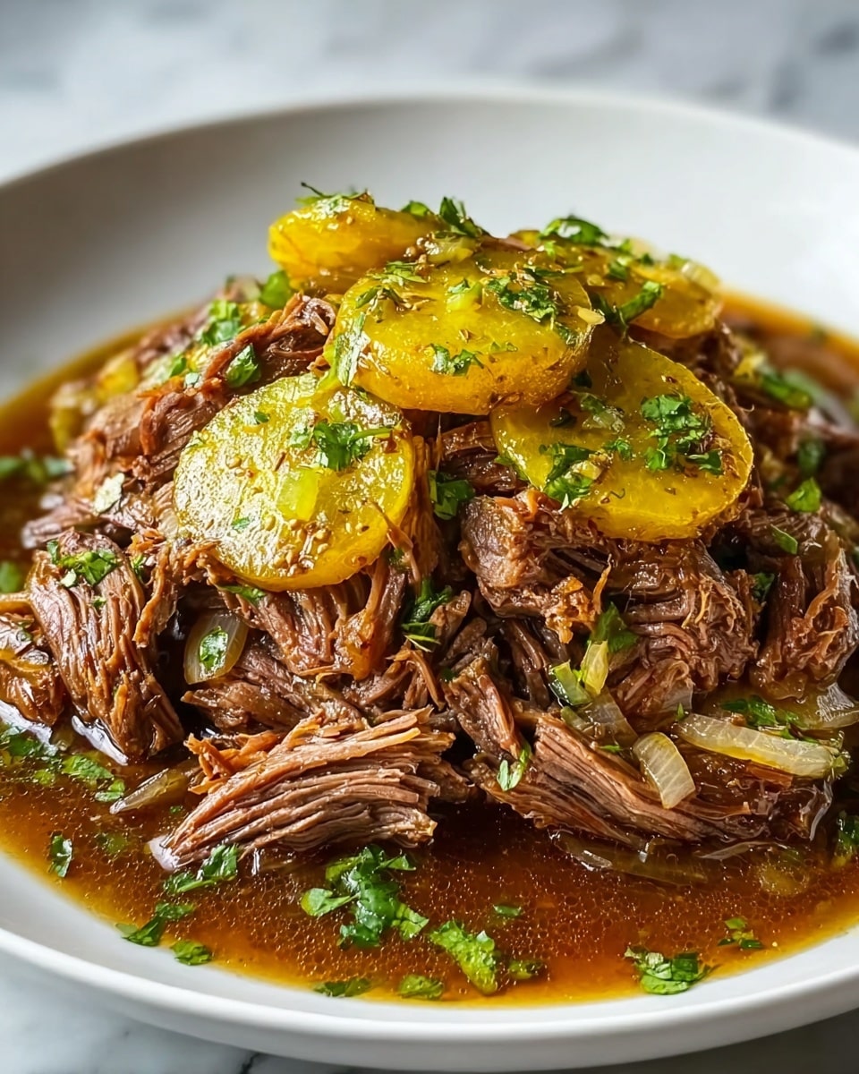 A white plate holds a mound of shredded brown meat with visible fibrous texture, layered with round yellow slices of cooked squash or zucchini on top. The meat appears juicy and soft, soaked in a rich brown sauce that pools around the base of the pile. Scattered green herb bits, likely parsley or cilantro, add small bright green highlights over the meat and squash, while some translucent sautéed onion slices mix in. The plate rests on a white marbled surface. photo taken with an iphone --ar 4:5 --v 7