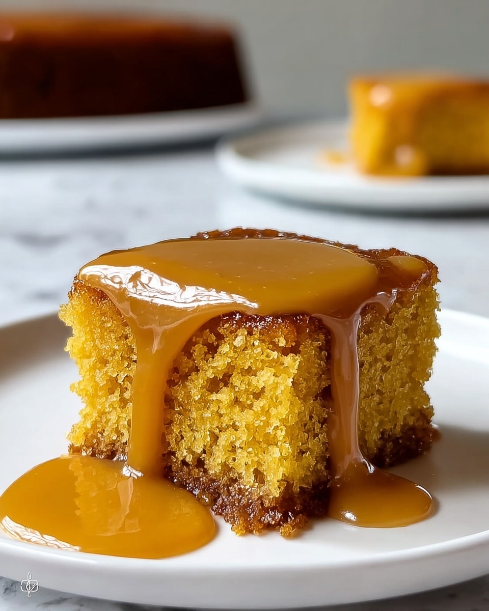 Two square pieces of golden brown cake are stacked on a white plate, with the bottom layer showing a slightly darker, caramelized edge. A thick, glossy caramel sauce is poured generously over the top piece, dripping down the sides and pooling around the base, giving a shiny, moist look. The texture of the cake appears soft and crumbly with tiny air holes visible, contrasting with the smooth and shiny caramel. The scene is set against a white marbled surface with a blurred background, creating a warm and inviting feel. photo taken with an iphone --ar 4:5 --v 7