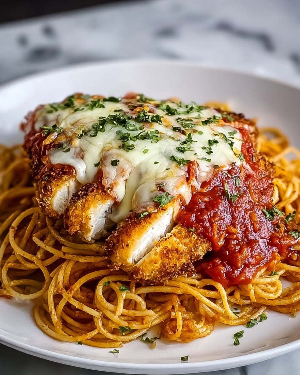 A white plate holds a dish with three layers: the bottom layer is golden-brown cooked spaghetti arranged in loose bundles, the middle layer is a golden, crispy breaded chicken breast with a visible white inside, topped by a thick red marinara sauce that spills over the sides, and the top layer is melted white cheese with light brown toasted spots sprinkled with chopped green herbs. The plate sits on a white marbled textured surface. photo taken with an iphone --ar 4:5 --v 7