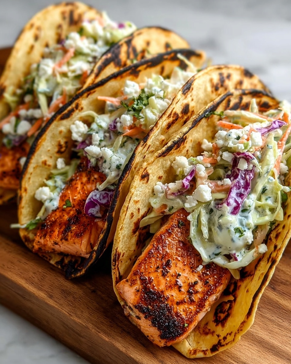 Three tacos are lined up on a wooden board. Each taco has a soft, golden-brown grilled tortilla as the base layer, showing a slightly charred texture. Inside, there is a thick piece of grilled salmon with a burnt orange color and visible seasoning. On top of the salmon is a fresh coleslaw mix with thin strips of white cabbage, purple cabbage, and bright orange carrot, all covered in a creamy white dressing. Small white cheese crumbles are sprinkled over the coleslaw, adding texture and contrast. The background surface is a white marbled texture. photo taken with an iphone --ar 4:5 --v 7