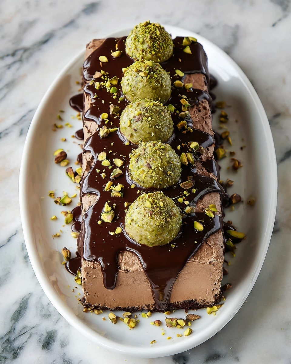 A rectangular chocolate cake covered in smooth, light brown chocolate frosting forms the base layer, topped with a thick, glossy dark chocolate ganache that drips unevenly down the sides. On top of the ganache, there is a row of six round green pistachio balls evenly spaced along the center. Small chopped pistachio pieces are scattered over the ganache, adding texture and color contrast. The cake rests on a white oval plate set on a white marbled surface. photo taken with an iphone --ar 4:5 --v 7