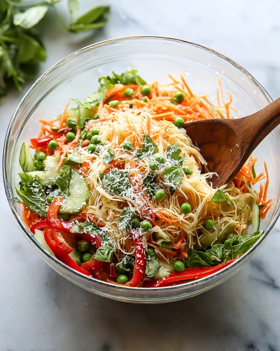 A large clear glass bowl holds a colorful noodle salad sitting on a white marbled surface. The bottom layer is thin pale noodles mixed with shredded orange carrot strips, and scattered green leafy herbs. On top, there are bright green peas, red bell pepper strips, and cucumber slices adding a fresh look. The salad is lightly sprinkled with fine white grated cheese. A wooden spoon rests inside the bowl, nestled among the layers. In the background, blurred green herbs add a natural touch. photo taken with an iphone --ar 4:5 --v 7