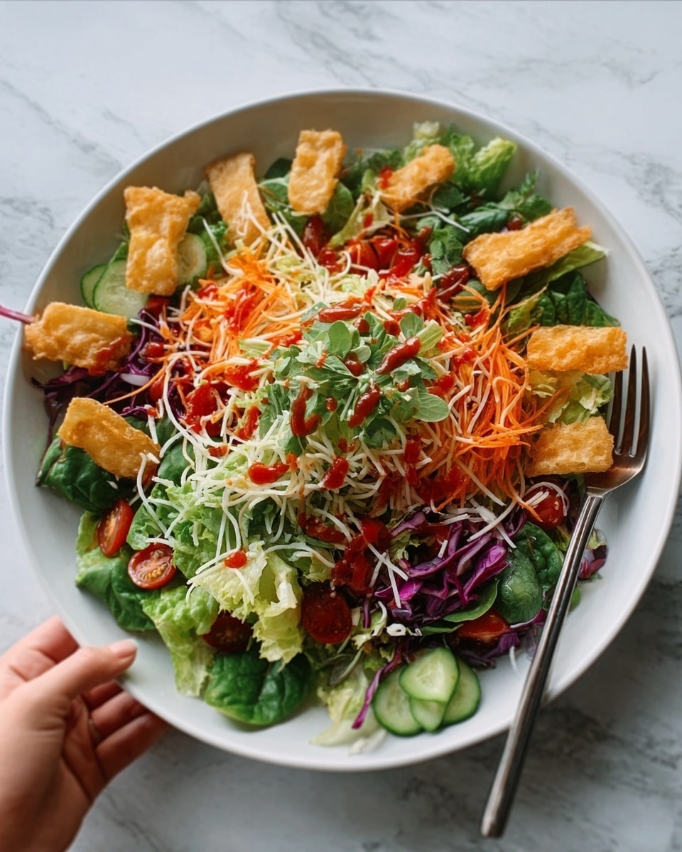 A white plate holds a fresh salad with several layers. The bottom layer is green leafy lettuce and spinach, topped with thin strips of orange carrot and purple cabbage scattered on top. There are golden-brown fried pieces placed evenly around the salad, and some small sliced vegetables like cucumbers and cherry tomatoes mixed in. The salad is sprinkled with white shredded cheese and drizzled with a red dressing or sauce. A fork rests on the right side of the plate, with a woman's hand holding it. The plate is on a white marbled surface. Photo taken with an iphone --ar 4:5 --v 7