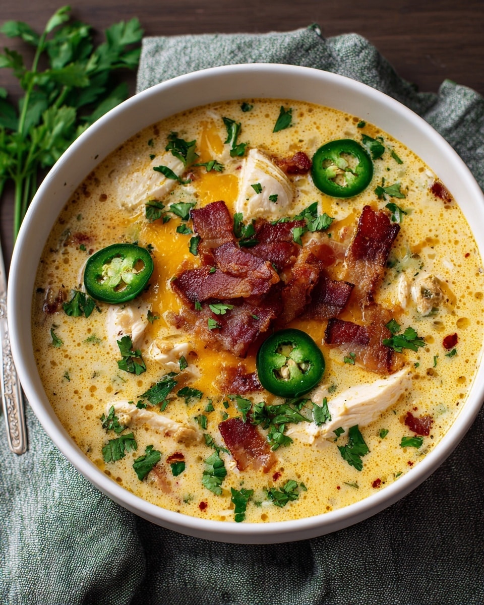 A white bowl filled with creamy soup that has a light yellow color, dotted with small oil spots on the surface, containing chunks of white chicken meat and melted orange cheese halfway submerged. There are several bright green jalapeño slices floating on top, along with chopped fresh green herbs spread evenly. In the center, there are scattered pieces of crispy, dark red bacon adding contrast. The bowl is placed on a folded gray and green cloth napkin over a white marbled texture table. Photo taken with an iphone --ar 4:5 --v 7