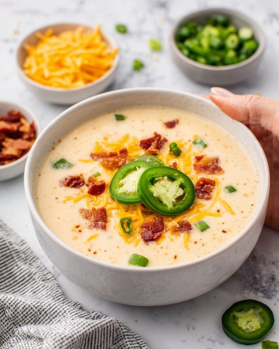 The image shows a white bowl filled with creamy cheese soup that looks smooth and thick. On top, there are three slices of green jalapeno peppers placed in the center. Around them, there are small bits of crispy bacon and a sprinkle of shredded yellow cheese, adding texture and color to the dish. The bowl is set on a white marbled surface with small bowls of additional ingredients blurred softly in the background. A woman's hand is gently holding the bowl from the side. The photo taken with an iphone --ar 4:5 --v 7
