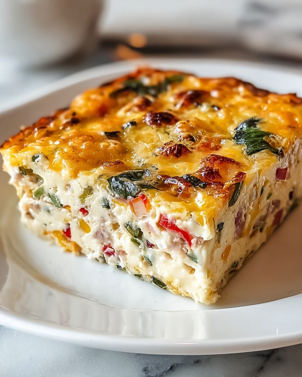 The image shows a thick square slice of a baked dish on a white plate, placed on a white marbled surface. The dish has two visible layers: a dense bottom layer filled with bits of red, green, and yellow vegetables mixed in a white creamy base, and a top layer of golden melted cheese with some darker browned spots and scattered green leafy pieces. The edges are neatly cut, showing the creamy texture and colorful vegetable bits inside. Photo taken with an iphone --ar 4:5 --v 7