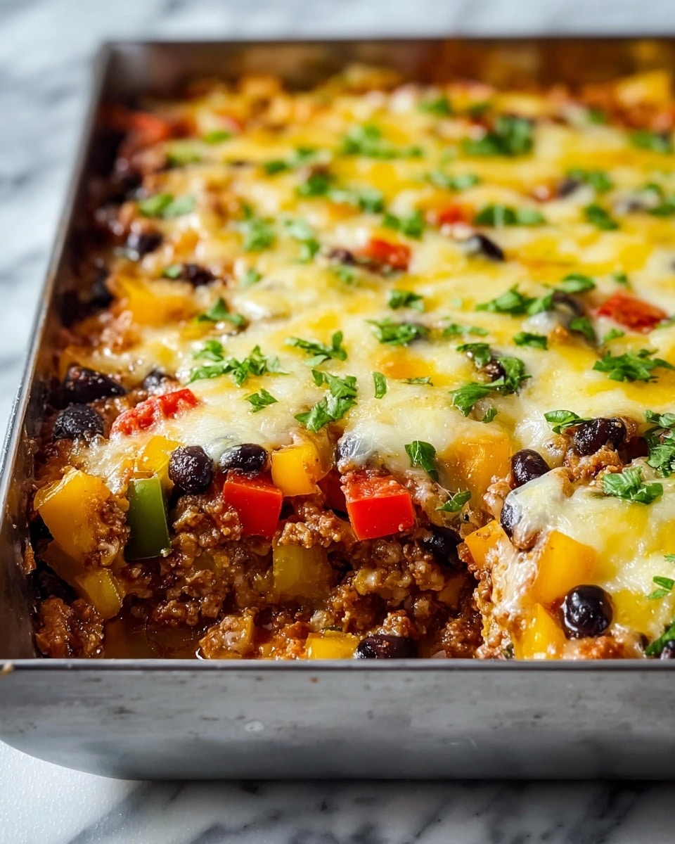 The dish shows a close-up of a baked casserole in a metal tray, featuring a visible first layer of cooked minced meat mixed with whole black beans and diced red, yellow, and green bell peppers, creating a mix of brown, black, and bright colors. On top of this, there is a melted layer of cheese that is golden and slightly browned in spots, sprinkled with chopped green herbs. The cheese layer appears thick and bubbly, covering the vegetables and meat underneath. The tray sits on a white marbled surface. Photo taken with an iphone --ar 4:5 --v 7