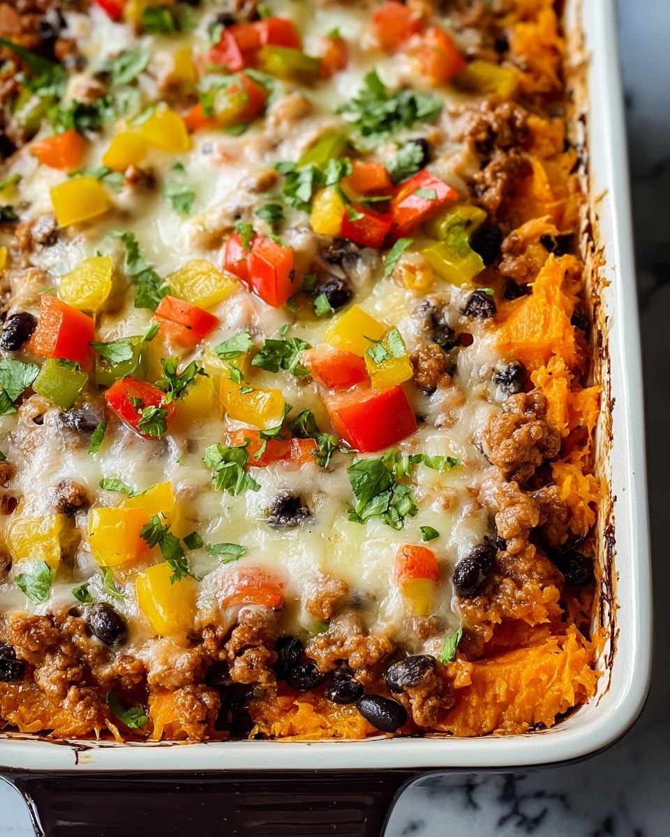 A close-up of a baked casserole in a white rectangular baking dish with a dark handle on a white marbled surface. The casserole has three visible layers: the bottom layer is a mix of soft orange sweet potatoes with black beans and small chunks of cooked ground meat. The middle layer is a colorful mix of diced red, yellow, and green bell peppers scattered evenly. The top layer is melted, golden-brown cheese with small patches of white, sprinkled with chopped fresh green herbs, giving it a fresh look. The edges of the dish show some baked cheese crust. photo taken with an iphone --ar 4:5 --v 7