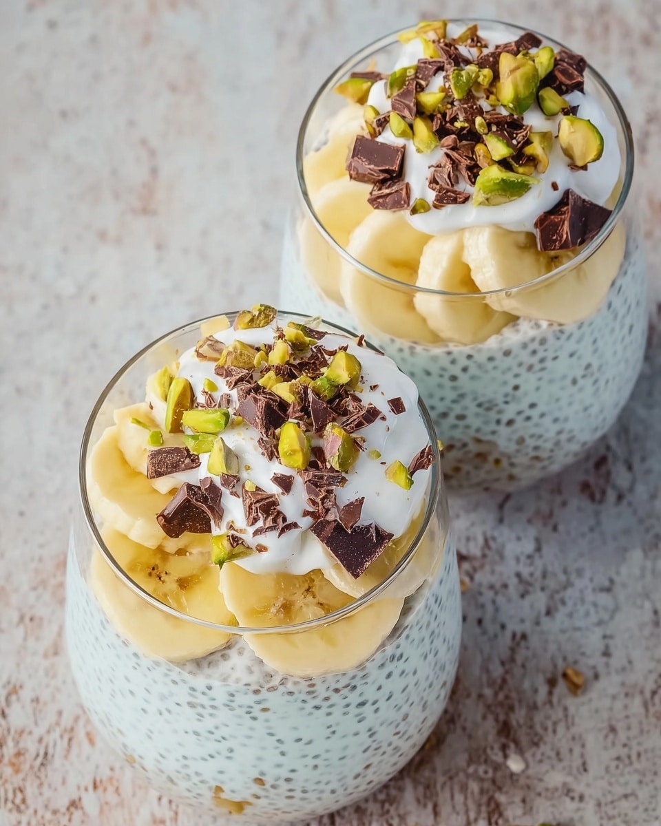 Two clear glasses filled with a creamy, light blue chia pudding sitting on a white marbled textured surface. Each glass shows three main layers: the bottom is the pale blue chia pudding with tiny dark chia seeds mixed in, the middle layer is topped with sliced yellow banana pieces arranged in a circle, and the top layer is white whipped cream with small dark chocolate shavings sprinkled over it. Crushed green pistachios and small chunks of dark chocolate are scattered across the top, adding a mix of vibrant green and dark brown colors. Photo taken with an iphone --ar 4:5 --v 7
