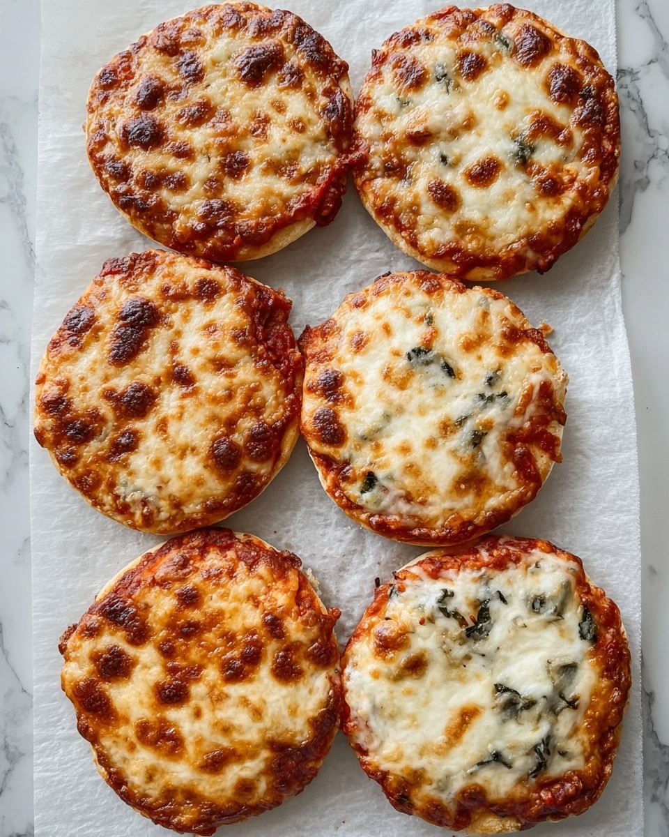 Six small round pizzas are placed on a piece of white parchment paper over a white marbled surface. Each pizza has a golden-brown layer of melted cheese on top, with spots that are darker where the cheese has browned more. The pizzas show a slight variation in topping coverage, with some having more visible tomato sauce peeking through under the cheese, while others have white cheese covering more. Scattered green leafy bits are visible under the cheese on some pizzas, adding texture and color contrast. The edges of the pizzas are crispy and slightly uneven. Photo taken with an iphone --ar 4:5 --v 7