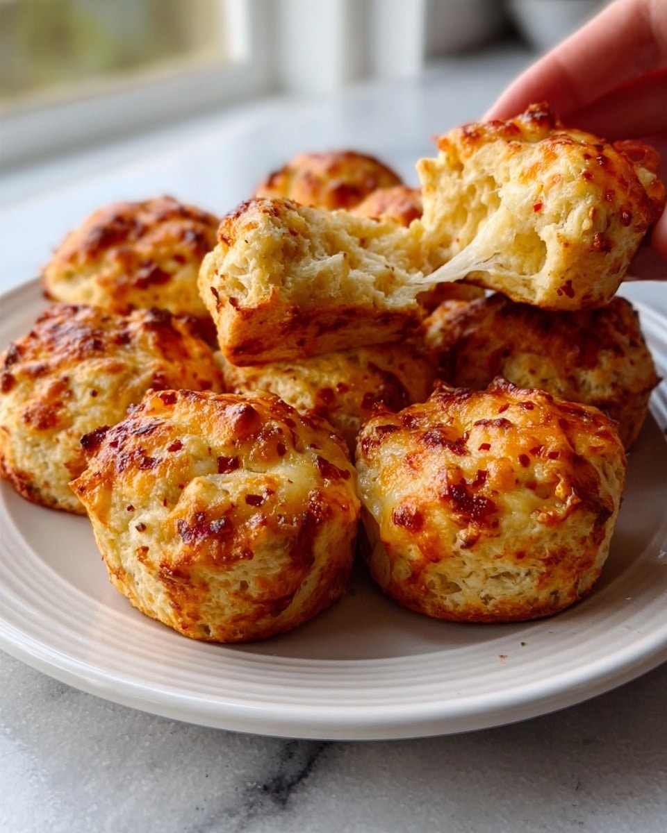 A white plate holds nine cheesy biscuit bites with golden brown tops, each showing a bubbly, slightly crispy texture with bits of melted cheese and red seasoning sprinkled all over. One biscuit is split open, revealing a soft, fluffy inside with melted cheese strings stretching slightly, while a woman's hand holds it gently from the side. The background is a white marbled texture by a window, letting in soft natural light that makes the biscuits look warm and fresh. Photo taken with an iphone --ar 4:5 --v 7