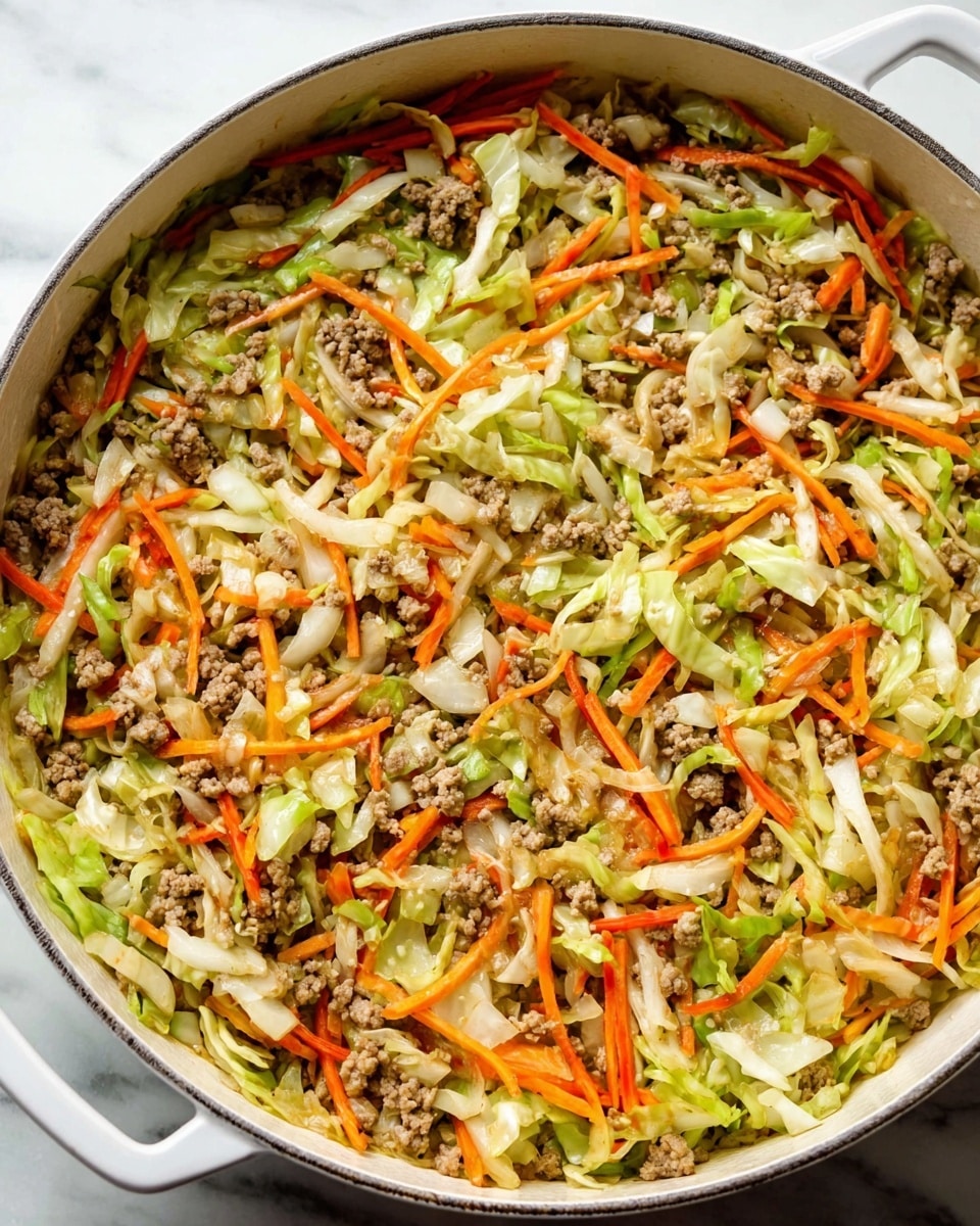 A large white pot filled with a colorful mixture of cooked ground meat, thinly sliced green cabbage, and thinly sliced orange carrots. The layers are mixed together, showing soft textures with the cabbage and carrots still slightly crunchy, spread evenly across the pot. The colors contrast well with the light brown ground meat and the bright vegetables, all sitting on a white marbled surface. photo taken with an iphone --ar 4:5 --v 7
