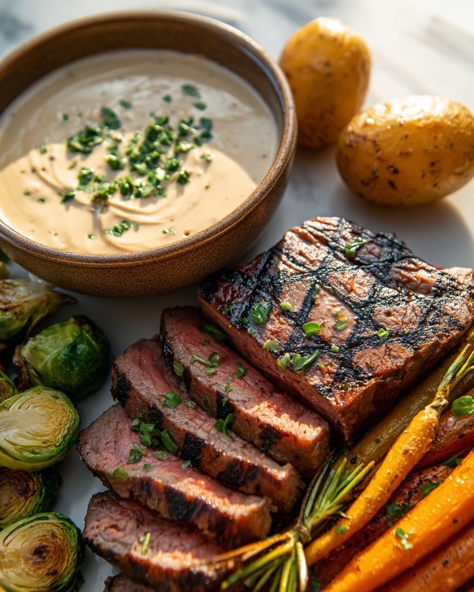A round bowl with light beige creamy soup filled with small pieces, topped with a sprinkle of chopped green herbs in the center. The bowl sits on a white plate with grilled vegetables: two small halves of golden-browned Brussels sprouts near the soup bowl, two bright orange roasted carrots above, and a red chili pepper below. To the right of the plate, a thick grilled steak with clear dark brown grill marks and a pinkish center is placed. The whole setting is on a table with a white marbled texture. photo taken with an iphone --ar 4:5 --v 7