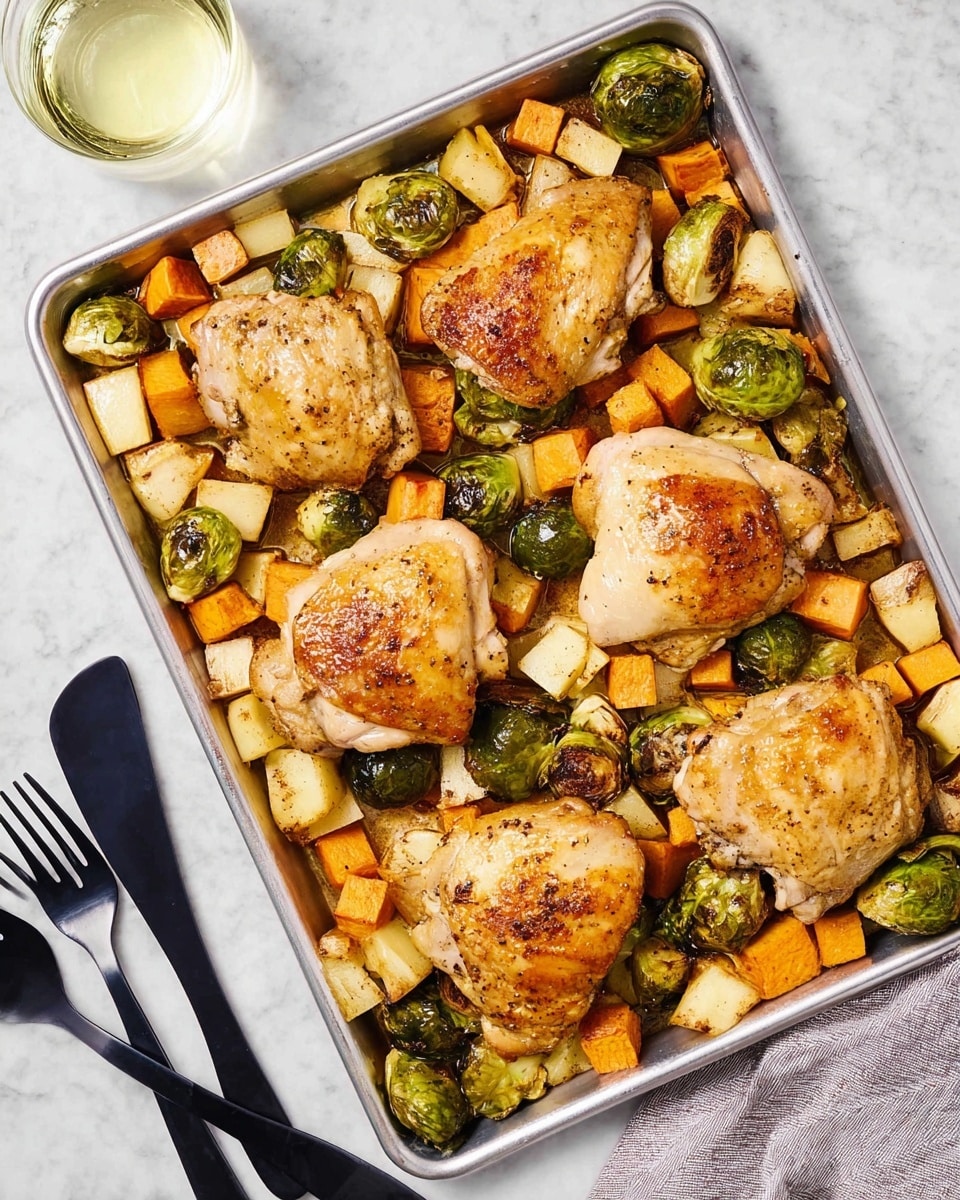 This image shows a metal baking tray filled with roasted chicken thighs that have golden brown, crispy skin with some charred spots. Surrounding the chicken are cubes of light beige potatoes and orange sweet potatoes mixed with green Brussels sprouts that have turned slightly brown from roasting. The tray rests on a white marbled texture, and the ingredients are spread evenly with the chicken thighs placed on top, creating a layered look with the vegetables beneath and around them. photo taken with an iphone --ar 4:5 --v 7