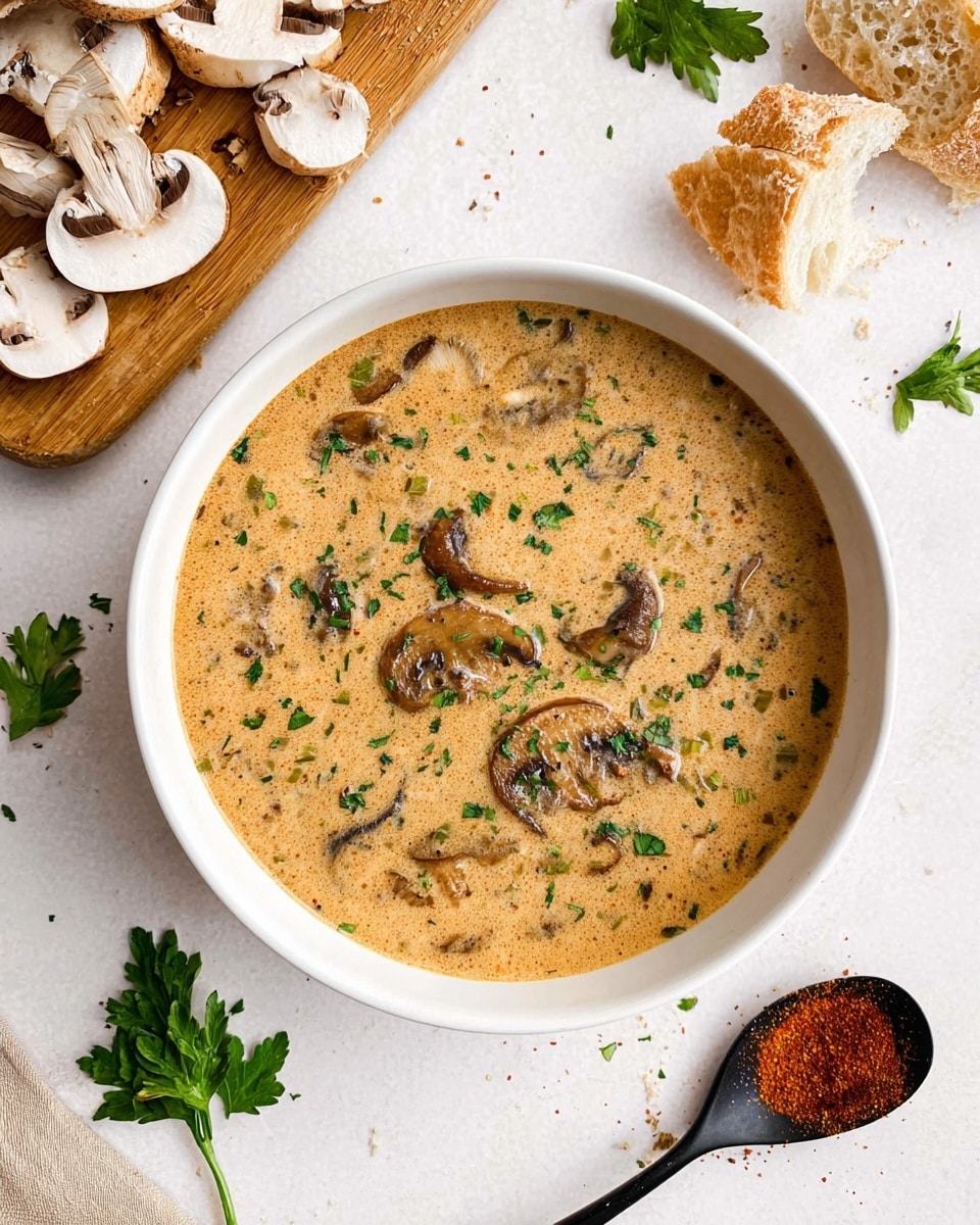 A top view of a bowl filled with creamy mushroom soup showing light brown creamy broth with slices of mushrooms and small chopped green herbs sprinkled on top. The white bowl sits on a white marbled surface, with a few fresh parsley leaves and cut mushroom slices nearby. There is a wooden board in the top left corner with whole and sliced mushrooms on it, some pieces of torn bread around, and a black spoon with reddish brown spice powder at the bottom right. Photo taken with an iphone --ar 4:5 --v 7