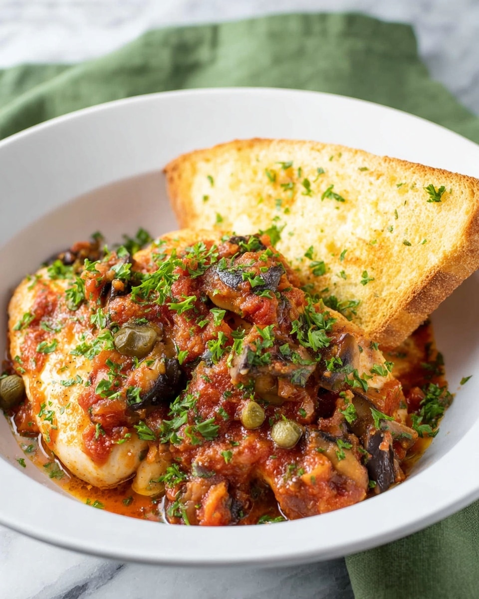 A white deep plate holds a dish with three main layers: at the bottom, light creamy cooked chicken breast pieces; the middle is covered in a chunky, bright red tomato sauce mixed with dark brown mushroom slices and small green capers; on top, finely chopped fresh parsley is sprinkled all over, adding green highlights. On the right side of the plate, a large piece of golden toasted bread leans against the sauce-covered chicken. The plate is set on a white marbled surface, with a green cloth in the background. Photo taken with an iphone --ar 4:5 --v 7