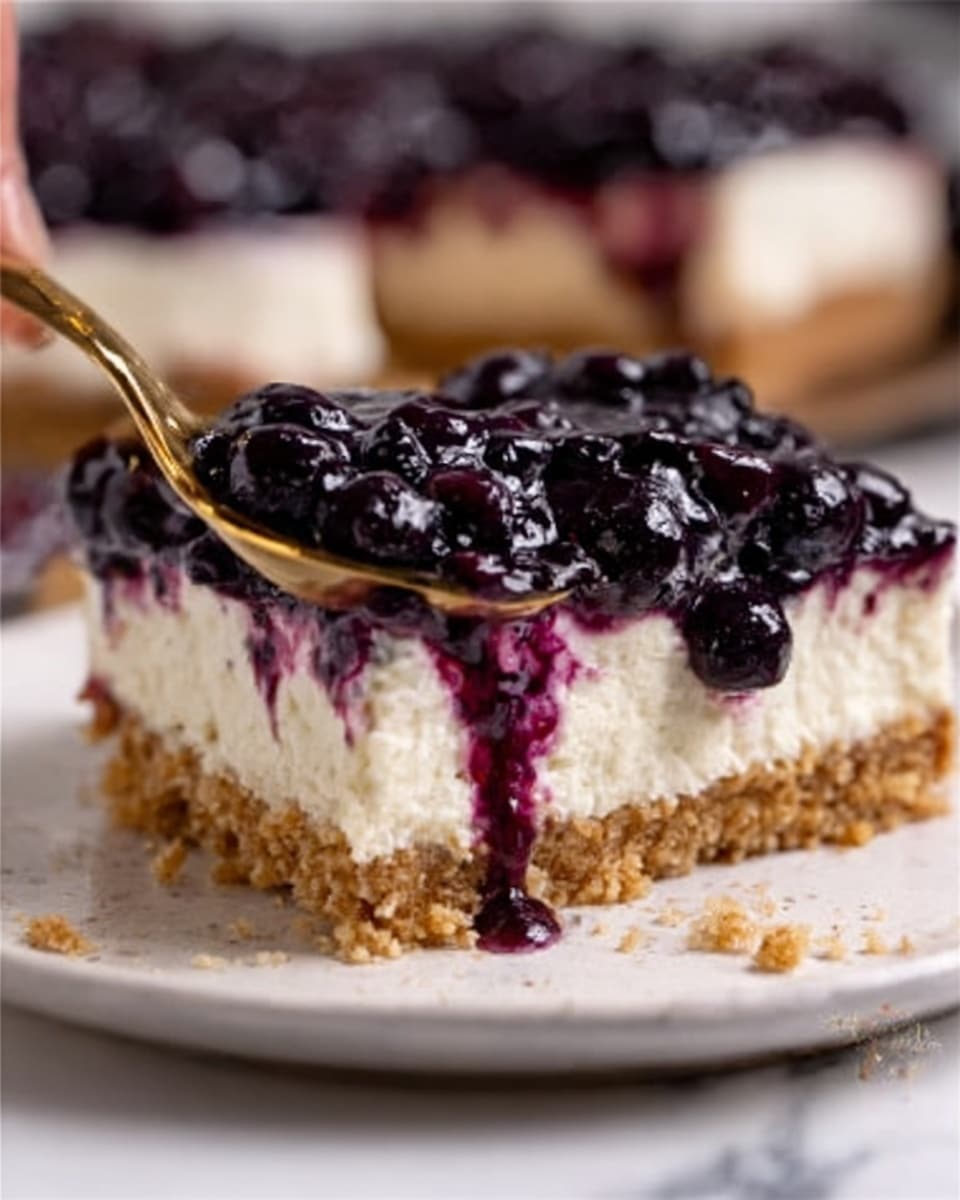 A close-up of a slice of blueberry cheesecake with three visible layers on a white plate. The bottom layer is a crumbly, light brown crust. The middle layer is thick, creamy white cheesecake with a smooth texture. The top layer is a glossy, dark purple blueberry topping with whole blueberries mixed in, some juice dripping down the sides. A woman's hand holds a gold spoon near the slice, on a white marbled surface. photo taken with an iphone --ar 4:5 --v 7
