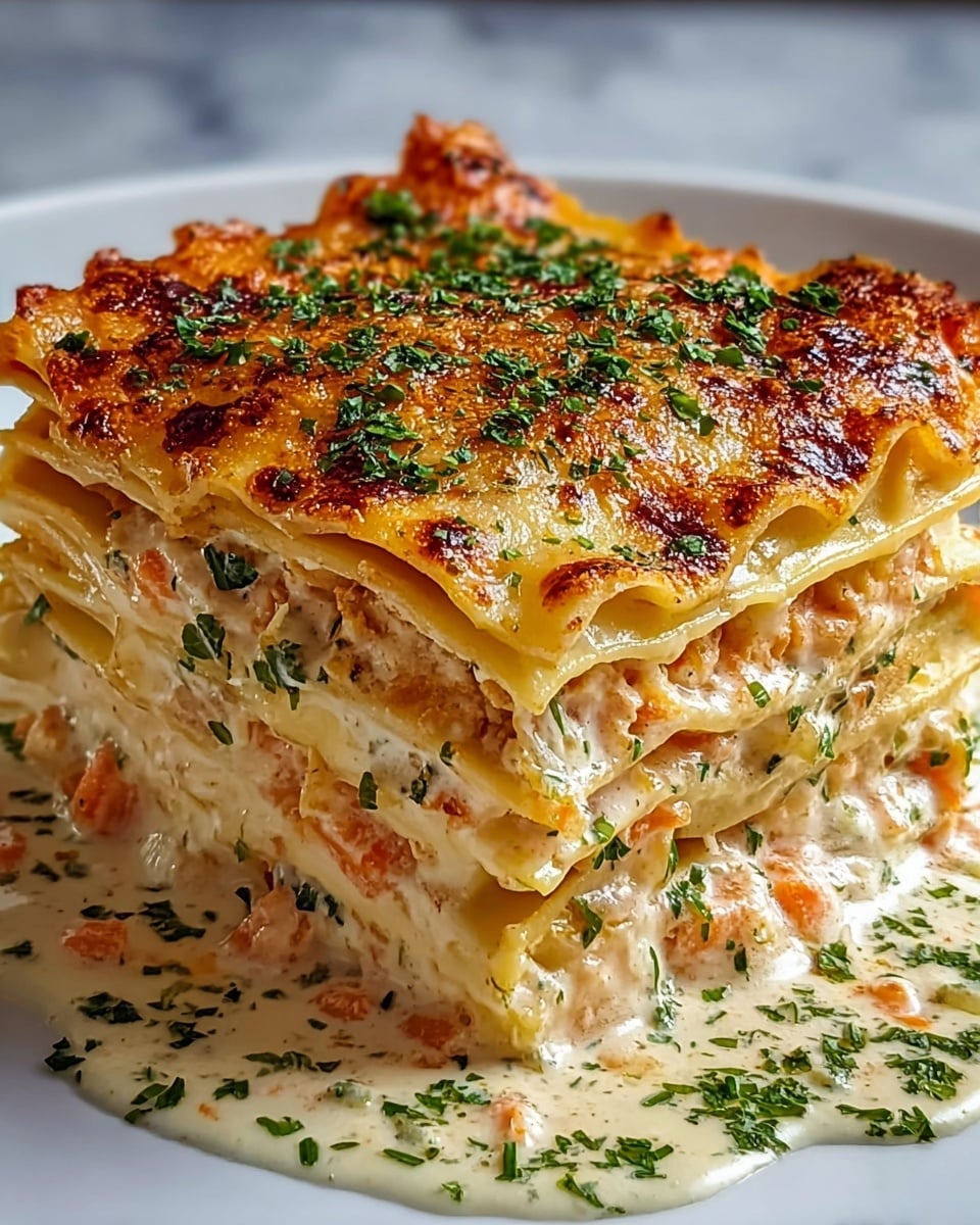 A thick square piece of lasagna on a white plate shows multiple creamy layers separated by thin yellow pasta sheets. Each creamy layer has visible bits of orange carrots and green herbs, with the sauce slightly oozing out at the bottom. The top layer is golden brown and crispy with melted cheese, sprinkled with finely chopped green herbs. Some sauce and herbs spread on the plate around the lasagna add extra color contrast. The background is a white marbled texture. photo taken with an iphone --ar 4:5 --v 7