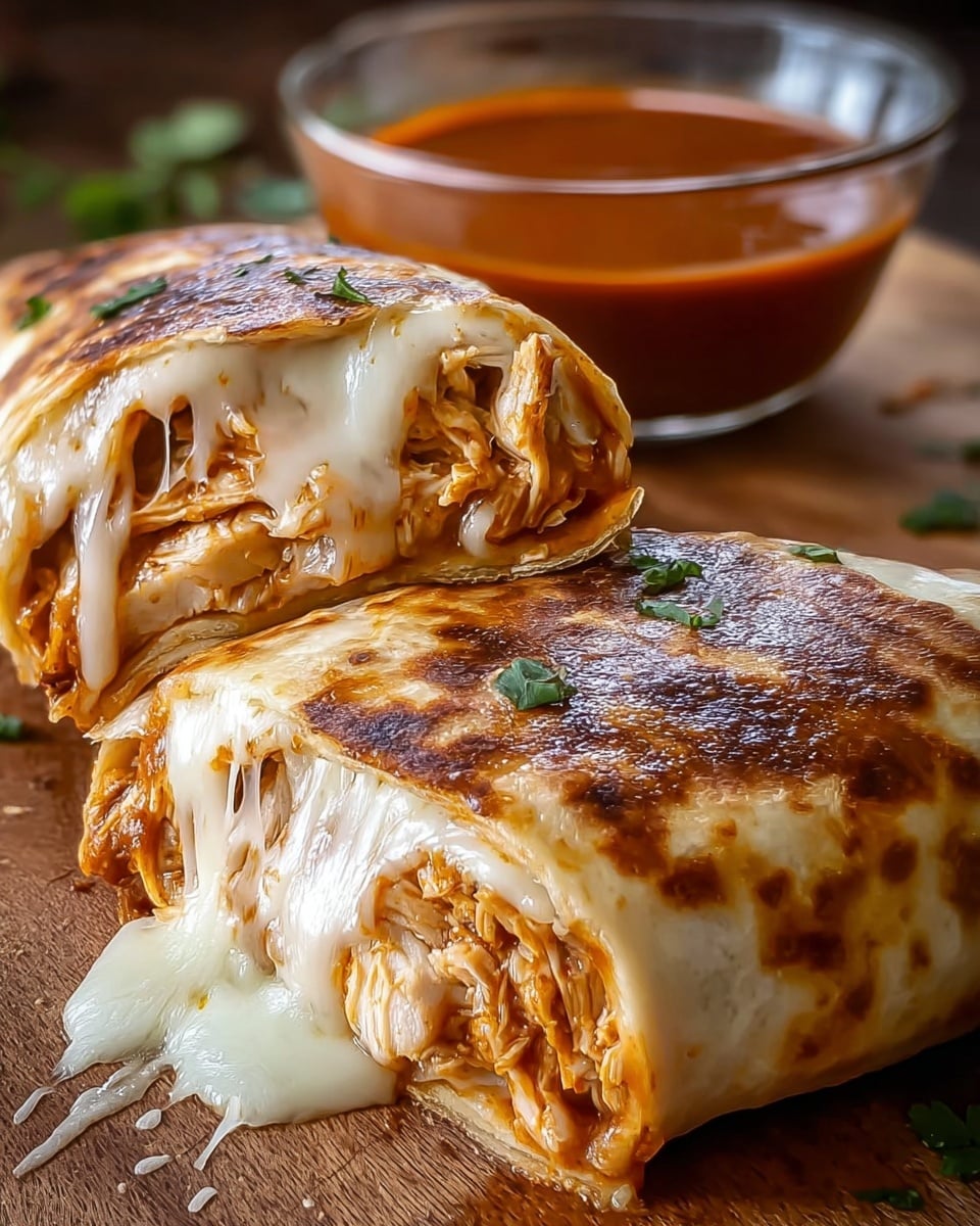 Two folded burritos with a golden brown, slightly crispy outer layer, topped with melted white cheese that is oozing out and stringy in texture. Inside, layers of shredded chicken mixed with a reddish sauce are visible. The top burrito is cut to show the filling clearly. Small green herb pieces are sprinkled on top. In the background, a clear glass bowl filled with smooth reddish-brown sauce is visible. The scene is set on a wooden surface. photo taken with an iphone --ar 4:5 --v 7