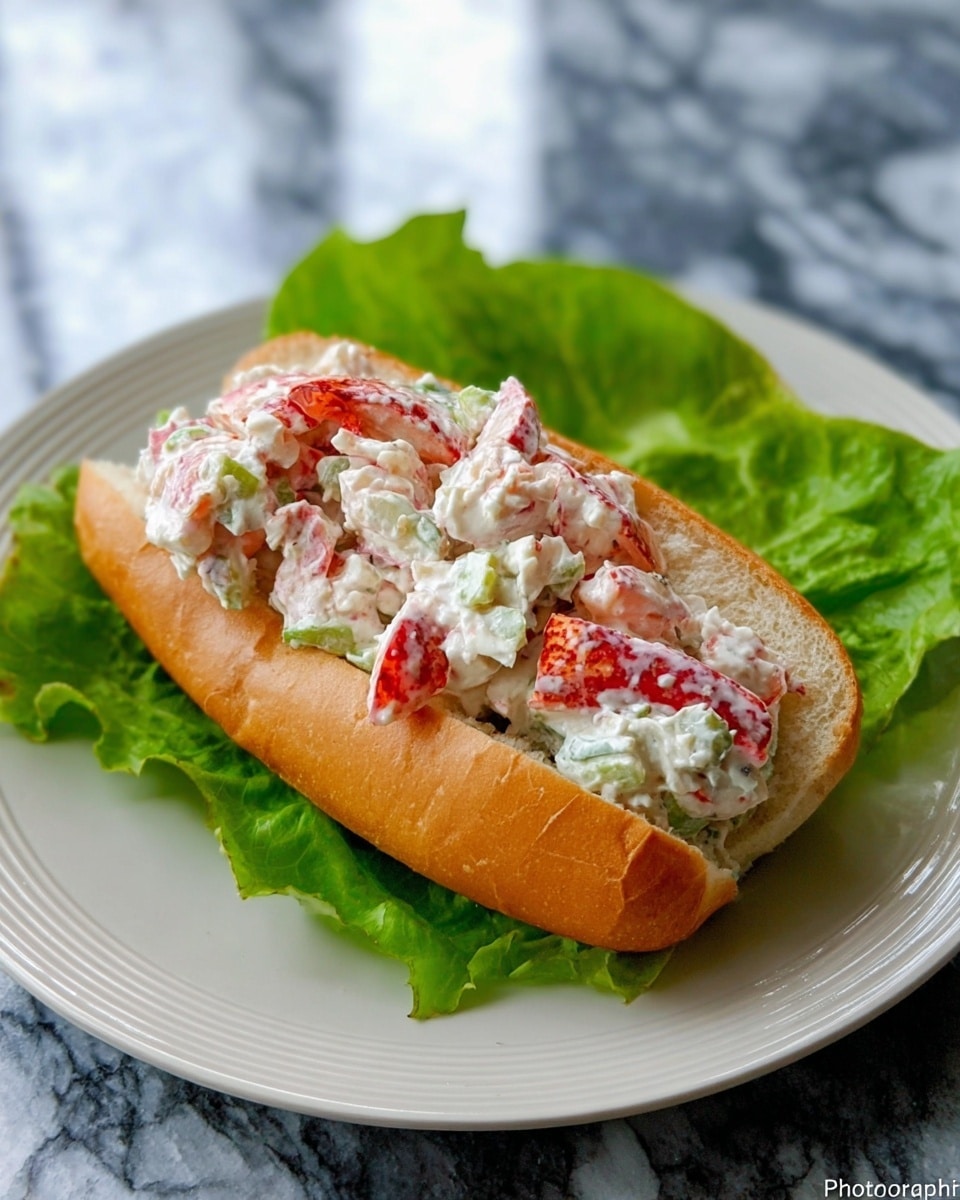 A sandwich on a white plate with a soft, light tan hoagie roll base, filled with a mix of creamy white seafood salad containing bright red pieces and small hints of green herbs, resting on a bed of fresh green lettuce leaves. The plate sits on a white marbled surface. Photo taken with an iphone --ar 4:5 --v 7