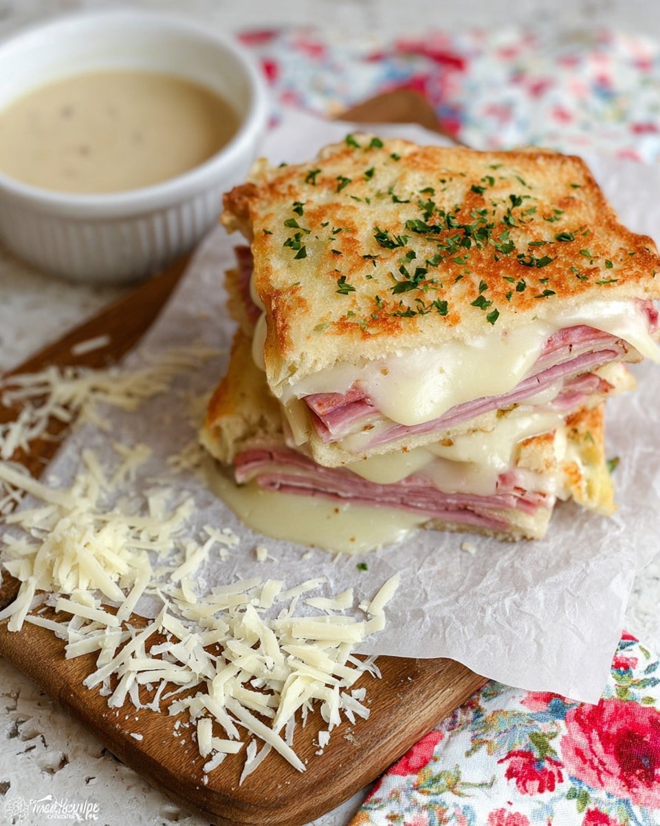 The image shows a sandwich made of two square, golden brown toasted flatbreads as the top and bottom layers. Between the bread layers, there are slices of light pink ham and melted white cheese, making two thick middle layers. The sandwich is sprinkled with some finely chopped green herbs and shredded white cheese on top and around it. It sits on white parchment paper over a round wooden board, and there is a small white cup filled with a creamy pale yellow sauce next to the sandwich. The background features a colorful floral cloth, but the main focus is on the sandwich with its soft, melted texture and fresh herb garnish. Photo taken with an iphone --ar 4:5 --v 7