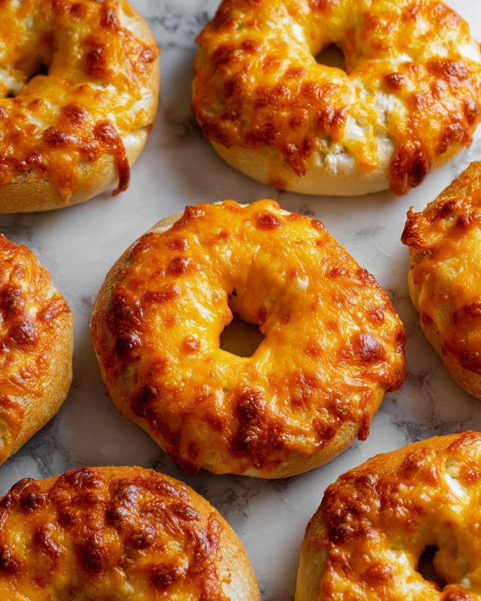 The image shows freshly baked cheese bagels on a white marbled textured surface. Each bagel has one layer of golden-brown dough with a soft, slightly puffy texture, topped with a single layer of melted cheese that is golden and crispy in some spots, creating a slightly uneven surface. The cheese layer covers most of the dough except for some edges, and the bagels have a round shape with a hole in the middle. Photo taken with an iphone --ar 4:5 --v 7