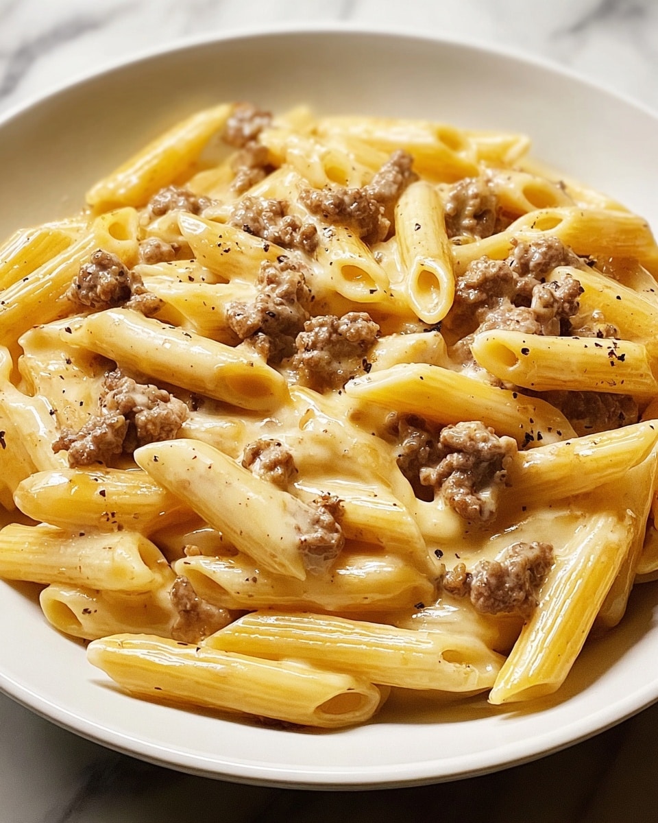 A white plate sits on a white marbled surface, filled with a single layer of penne pasta, which is light golden yellow and smooth with ridged texture. Mixed evenly throughout the pasta are small pieces of browned ground meat, rough and crumbly in texture. Covering the pasta and meat is a creamy layer of melted cheese sauce, pale yellow and glossy, with a few specks of black pepper sprinkled on top. The cheese sauce clings to the pasta and meat, giving the dish a rich, creamy look. Photo taken with an iphone --ar 4:5 --v 7