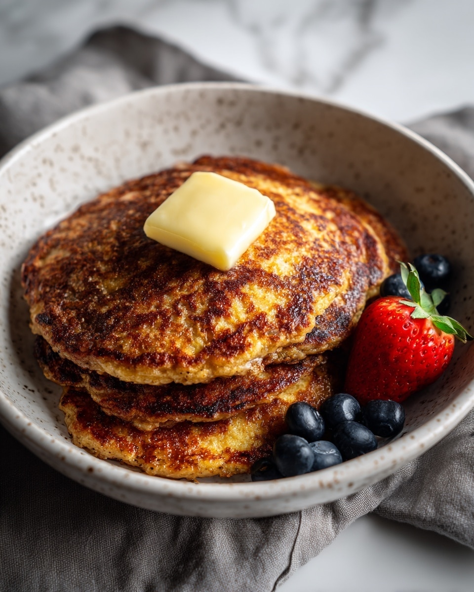 A white speckled bowl holds three thick, golden brown pancakes stacked unevenly, each with a crispy, textured surface showing a mix of light and darker browns. On top of the stack is a small square of pale yellow butter melting slightly. Around the pancakes, there are fresh blueberries with a deep blue color and one bright red strawberry with green leaves, all resting inside the bowl. The bowl is placed on a soft gray cloth, and the background is a white marbled texture. Photo taken with an iphone --ar 4:5 --v 7