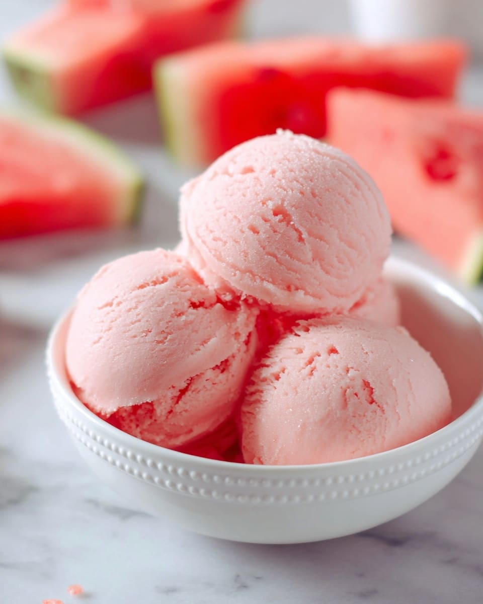 The image shows three round, smooth scoops of light pink ice cream placed together in a white bowl with a dotted rim. The ice cream has a soft texture with small cracks and a creamy appearance. In the background and around the bowl, pieces of fresh watermelon with a bright pink color and a juicy texture are visible, all set on a white marbled surface. photo taken with an iphone --ar 4:5 --v 7