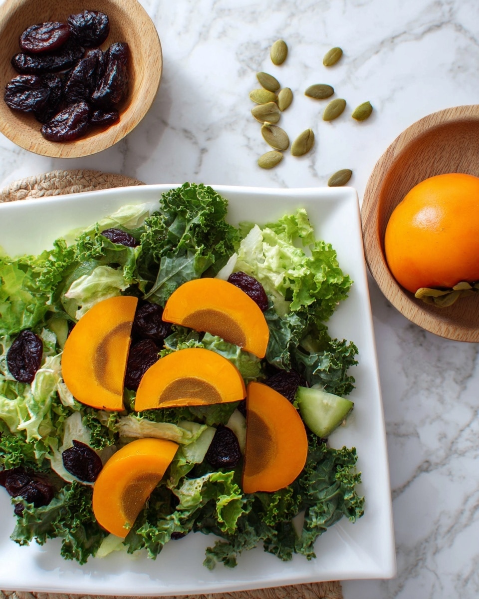The image shows a fresh salad on a white plate layered with dark green curly kale and lighter green lettuce leaves as the base. On top, there are bright orange thin slices of persimmon scattered evenly, along with small dark dried fruit pieces and a few pale green pumpkin seeds sprinkled around. In the foreground, there is a glass jar filled with light yellow salad dressing with visible herbs inside. Below the plate, a small black dish holds extra pale green pumpkin seeds. The whole setting is placed on a white marbled surface. photo taken with an iphone --ar 4:5 --v 7