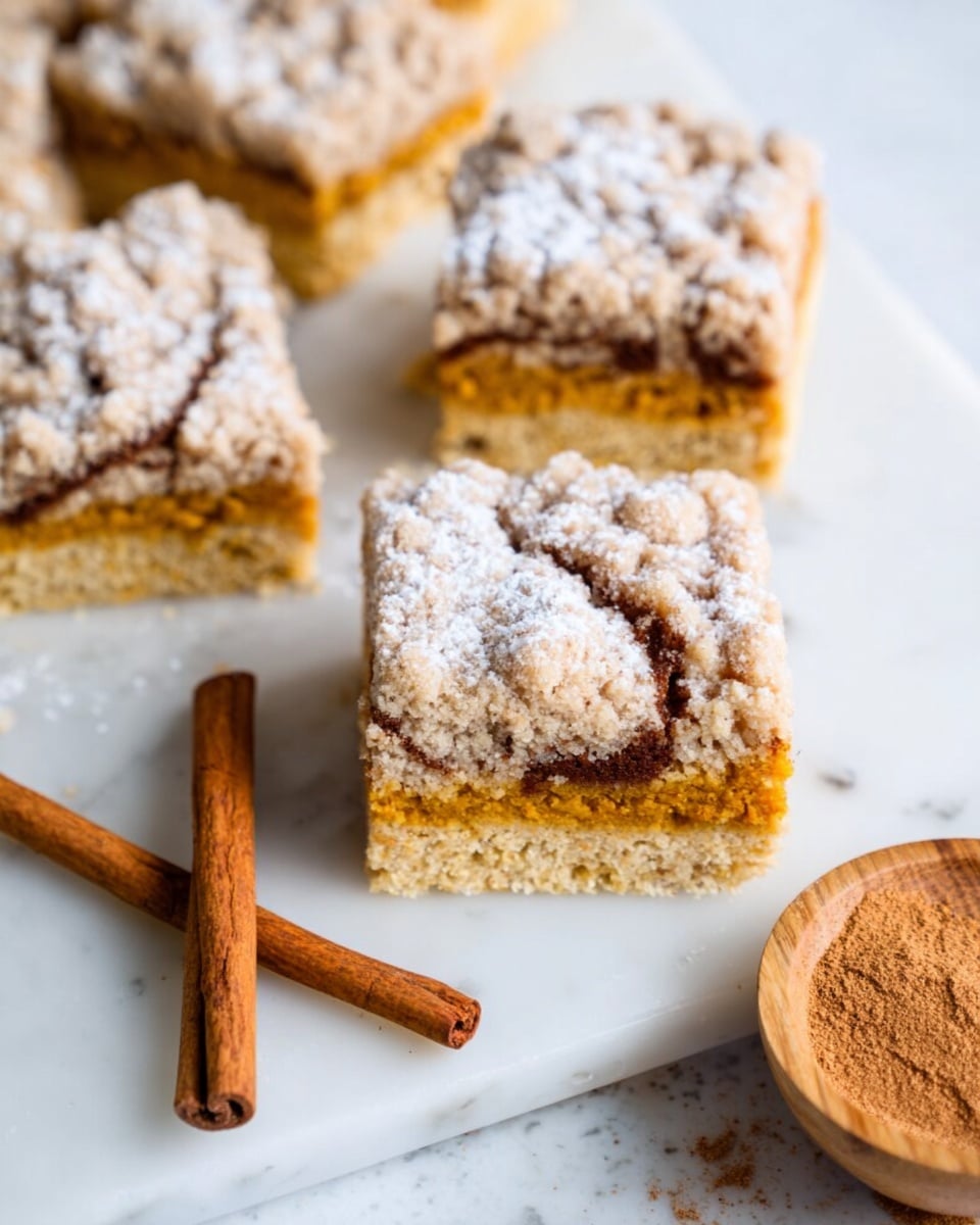 A close-up image of a pumpkin crumb bar cut into squares, showing three clear layers: the bottom layer is a dense pumpkin-colored cake with a soft texture, the middle layer is a thin, darker brown cinnamon swirl strip, and the top layer is a crumbly light tan streusel dusted lightly with powdered sugar. The bars are placed on a white marbled surface with two cinnamon sticks crossed in the foreground and a white bowl with cinnamon powder seen slightly in the background. The focus is sharp on the crumb bar piece that is lifted slightly above the surface. Photo taken with an iphone --ar 4:5 --v 7