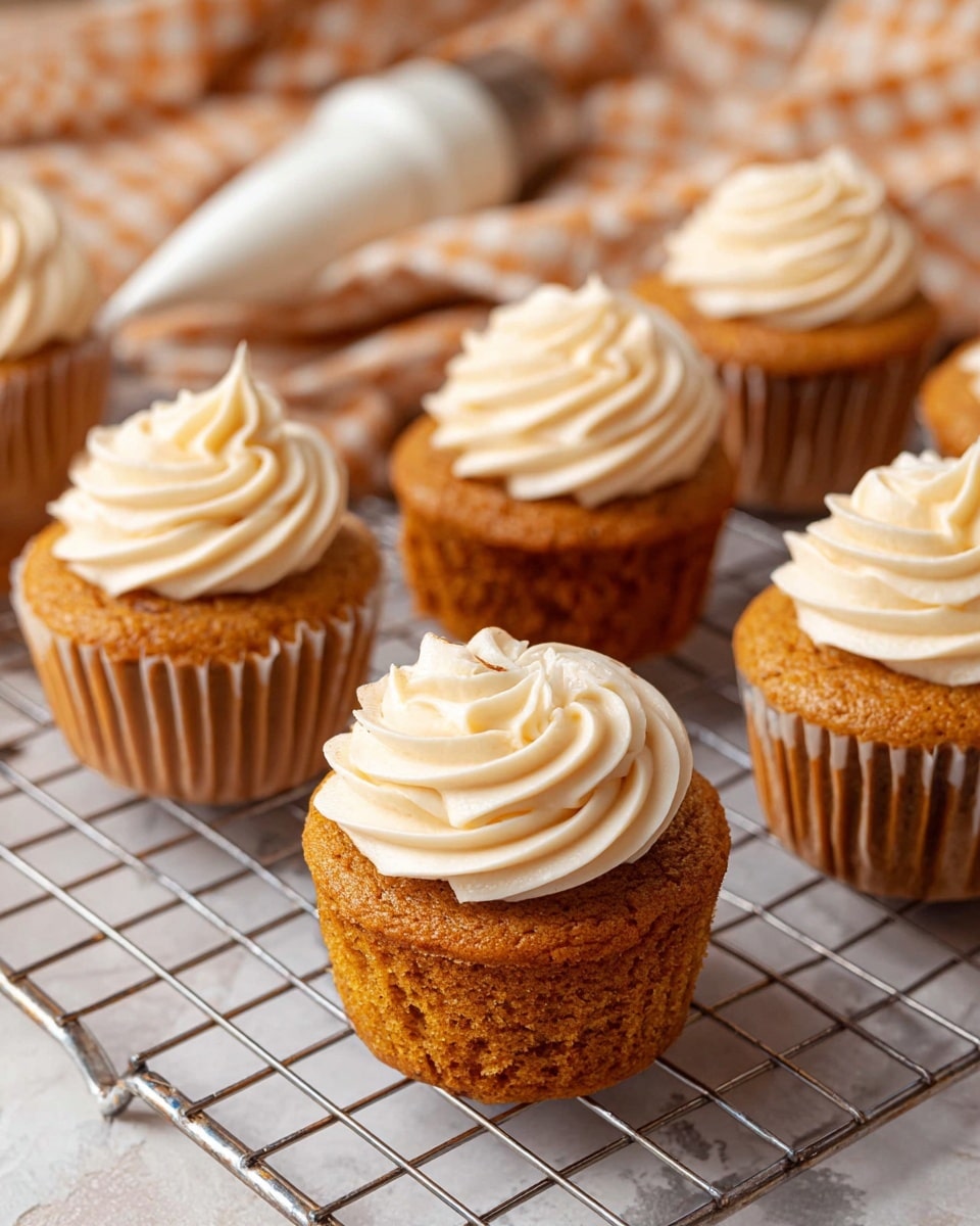 The image shows a group of pumpkin cupcakes arranged closely on a metal cooling rack placed on a white marbled surface. Each cupcake has a golden brown base with a slightly cracked texture, housed in a ribbed light brown paper liner. Some cupcakes are topped with a thick swirl of light beige frosting that looks smooth and creamy, piped in a spiral pattern ending in a peak at the center, while others have no frosting. A white piping bag with a metal tip rests on the white marbled surface near the cupcakes, hinting at the frosting process. The lighting is soft, bringing out the warm tones of the cupcakes and the creamy texture of the frosting. photo taken with an iphone --ar 4:5 --v 7