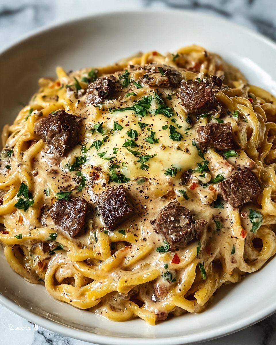 A white plate is filled with a creamy pasta base, the pasta is thick and slightly twisted, covered in a rich, light beige sauce with small bits of green herbs mixed in. On top, there are several pieces of browned beef cubes scattered evenly. The dish is finished with melted cheese that has a golden, slightly bubbling texture in the center, sprinkled generously with chopped green parsley and cracked black pepper. The setting is on a white marbled textured surface. photo taken with an iphone --ar 4:5 --v 7