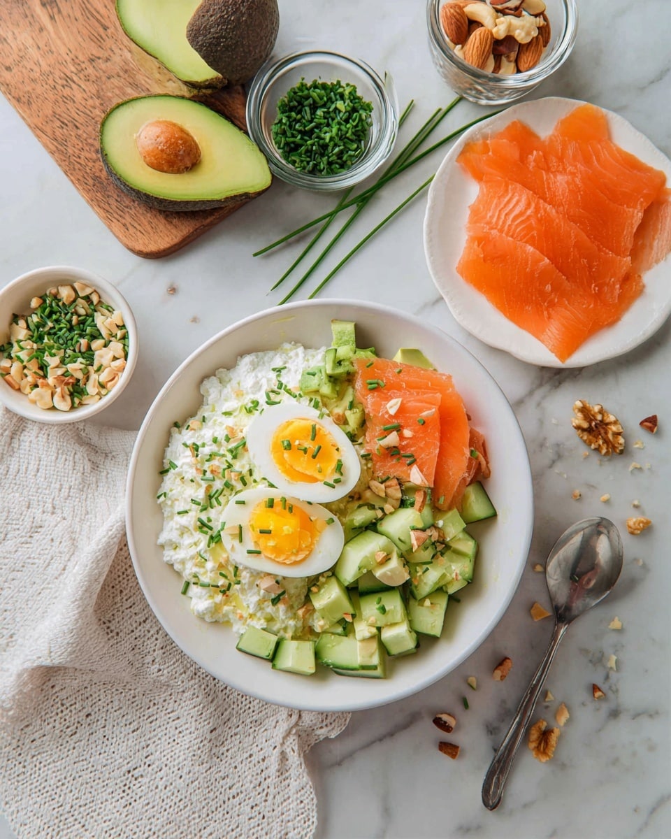 A white bowl filled with a layered dish starting with a base of creamy white cottage cheese, topped in three sections with diced light green cucumber pieces, thin bright orange slices of smoked salmon, and sliced ripe green avocado. On top of the cottage cheese in the middle are two halves of a hard-boiled egg with bright yellow yolks, sprinkled with chopped green chives and small nut pieces. Beside the bowl on a white marbled surface is a white plate with thin, bright orange smoked salmon slices, a wooden cutting board holding one whole dark green avocado and one half showing light green flesh and a brown seed, and small glass bowls containing green chopped herbs, sliced cucumber, and mixed nuts. A silver spoon rests on a folded white textured cloth near the bowl. Small green chives and nut crumbs are scattered around the scene. Photo taken with an iphone --ar 4:5 --v 7