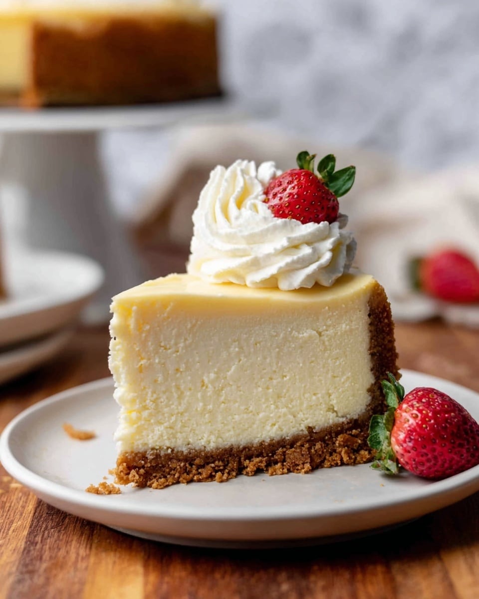 A slice of cheesecake is shown on a white plate, with three visible layers: the bottom layer is a crumbly, brown graham cracker crust, the middle layer is thick and creamy pale yellow cheesecake filling with a smooth texture, and the top layer is a thin, smooth pale yellow glaze or topping. On top of the slice, there is a swirl of white whipped cream and a small red strawberry with green leaves. A whole strawberry lies beside the plate on the wooden surface, and the background features a blurred white marbled texture with a white cake on a stand. Photo taken with an iphone --ar 4:5 --v 7