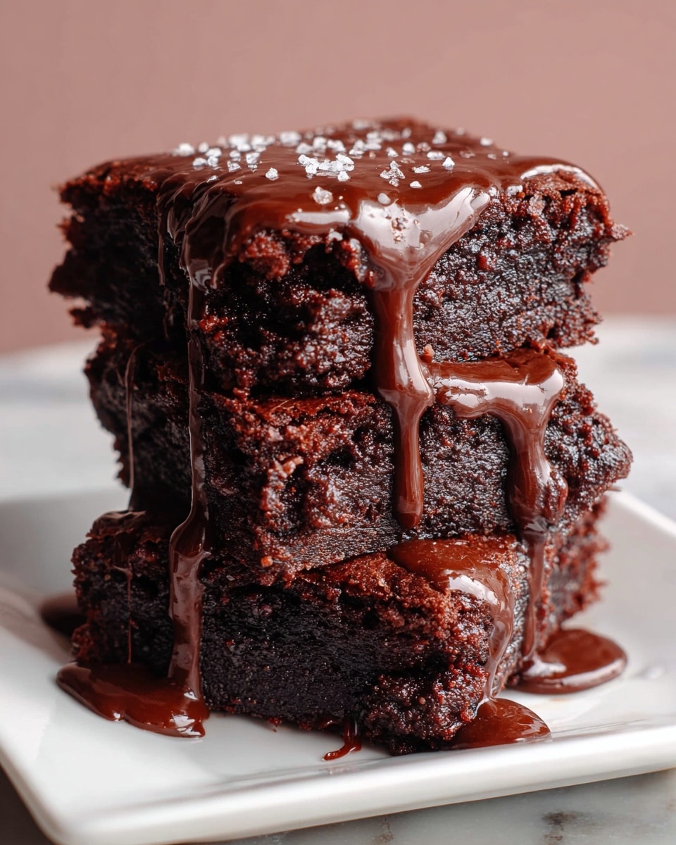 A stack of three thick, dark brown chocolate brownies sits on a white square plate placed on a white marbled surface. Each brownie layer has a moist, slightly crumbly texture with a rich, deep chocolate color. Glossy, thick chocolate sauce is drizzled generously over the top brownie, flowing down the sides and pooling on the plate. Small flakes of sea salt sprinkle the top of the chocolate sauce, adding a slight contrast to the dark chocolate. The background has a soft, muted pink tone. Photo taken with an iphone --ar 4:5 --v 7