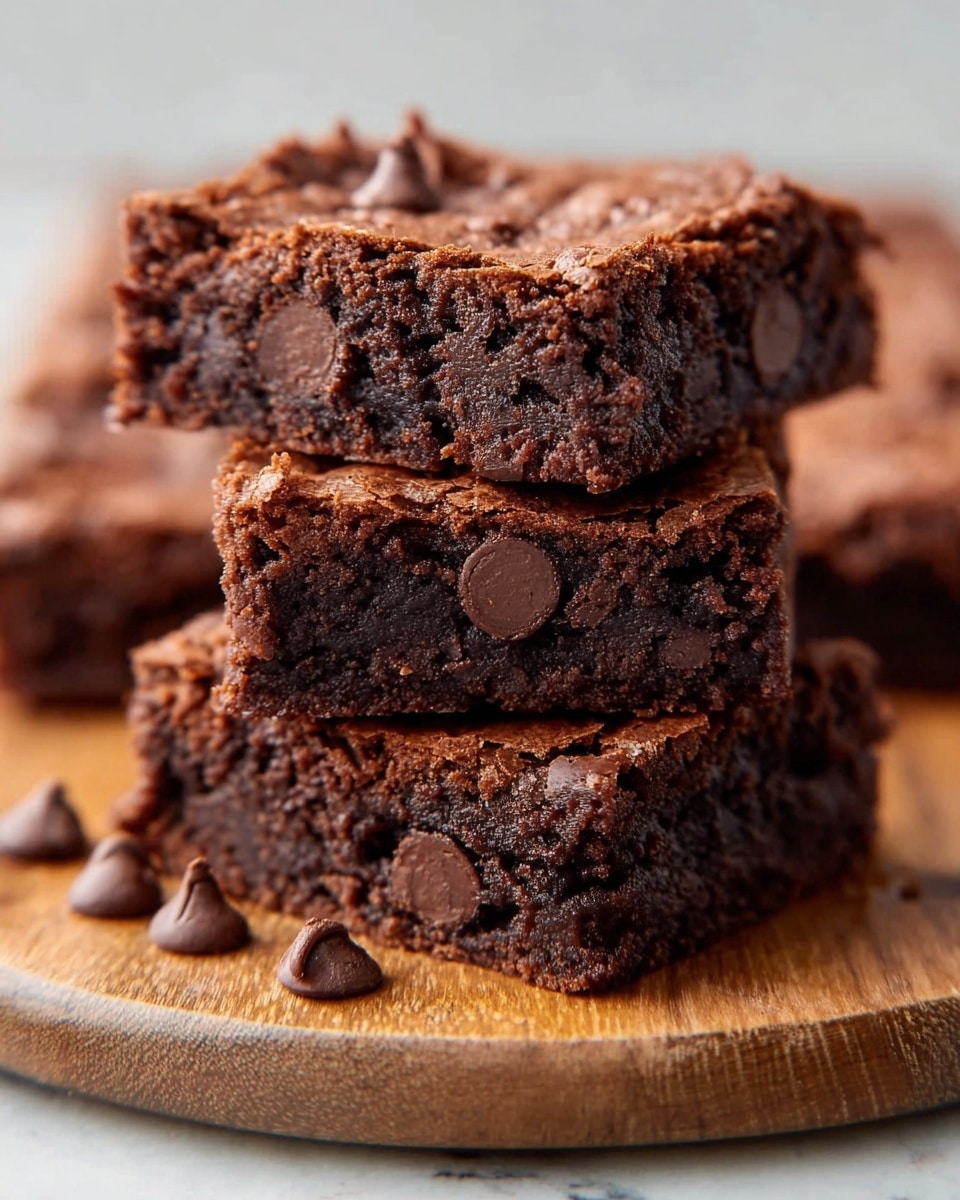 A close-up of three thick, square chocolate brownies stacked on top of each other on a round wooden board. Each brownie layer shows a moist, dark brown texture with small chocolate chips visible on the surface and inside. The top brownie has a slightly cracked top, adding texture and depth to the rich chocolate. The wooden board sits on a white marbled background, enhancing the warm tones of the brownies. Photo taken with an iphone --ar 4:5 --v 7