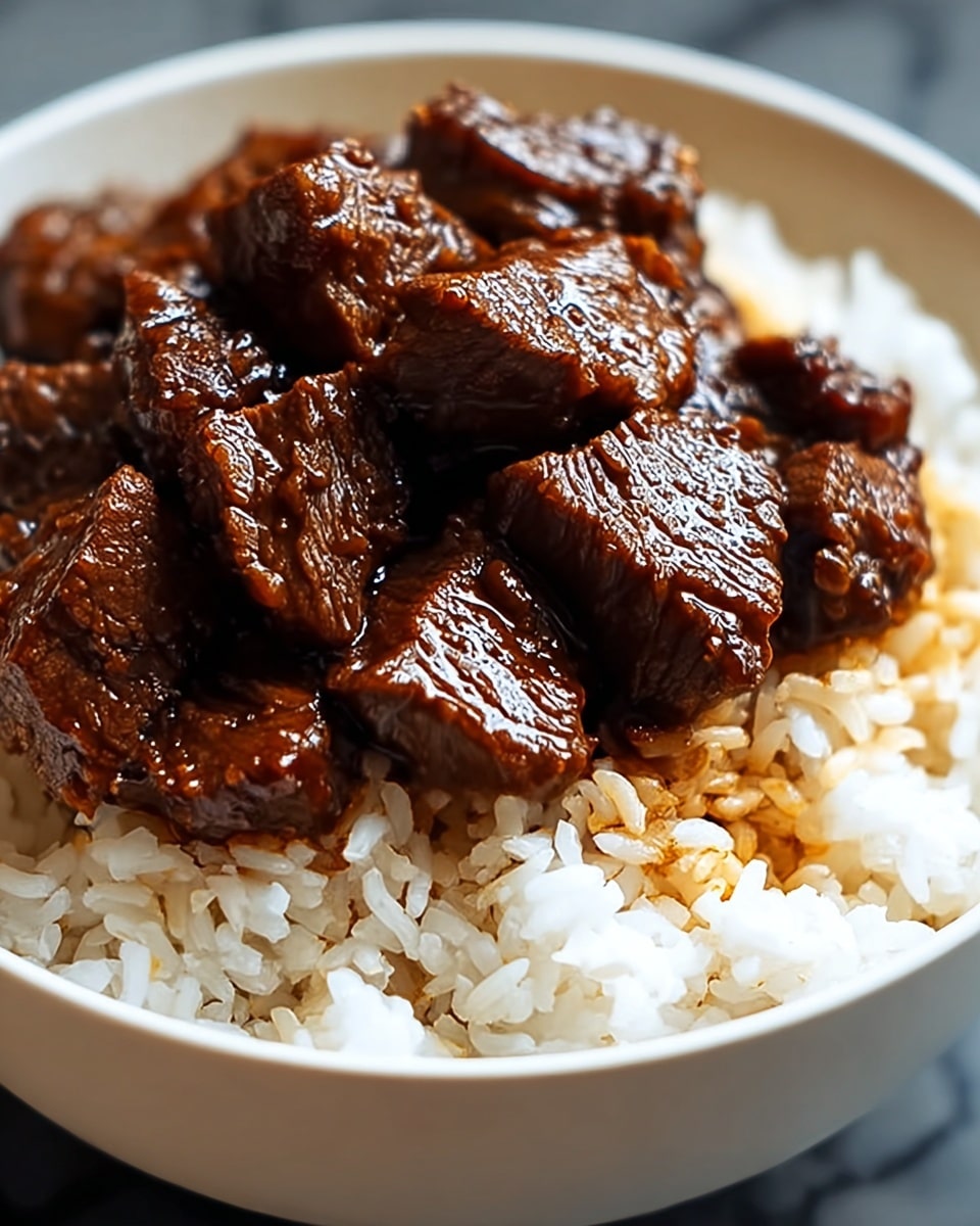 A white bowl filled with two layers, the bottom layer is white cooked rice with a slightly fluffy texture, and the top layer is several pieces of dark brown glazed beef chunks. The beef looks tender and shiny with a thick sauce coating each piece, arranged on top of the rice covering most of the surface. The background is a white marbled texture, and the image is focused closely on the food, showing clear texture details. photo taken with an iphone --ar 4:5 --v 7